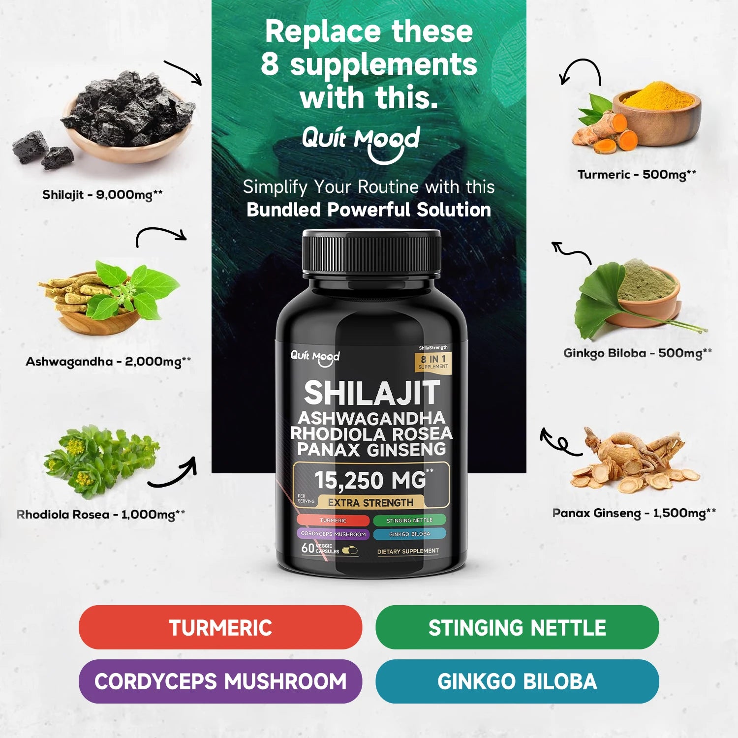 Shilajit 9000 Panax Ginseng 1500MG Ashwagandha 2000MG Rhodiola Rosea 1000MG, Turmeric 500MG, Gingko Biloba 500MG, Stinging Nettl