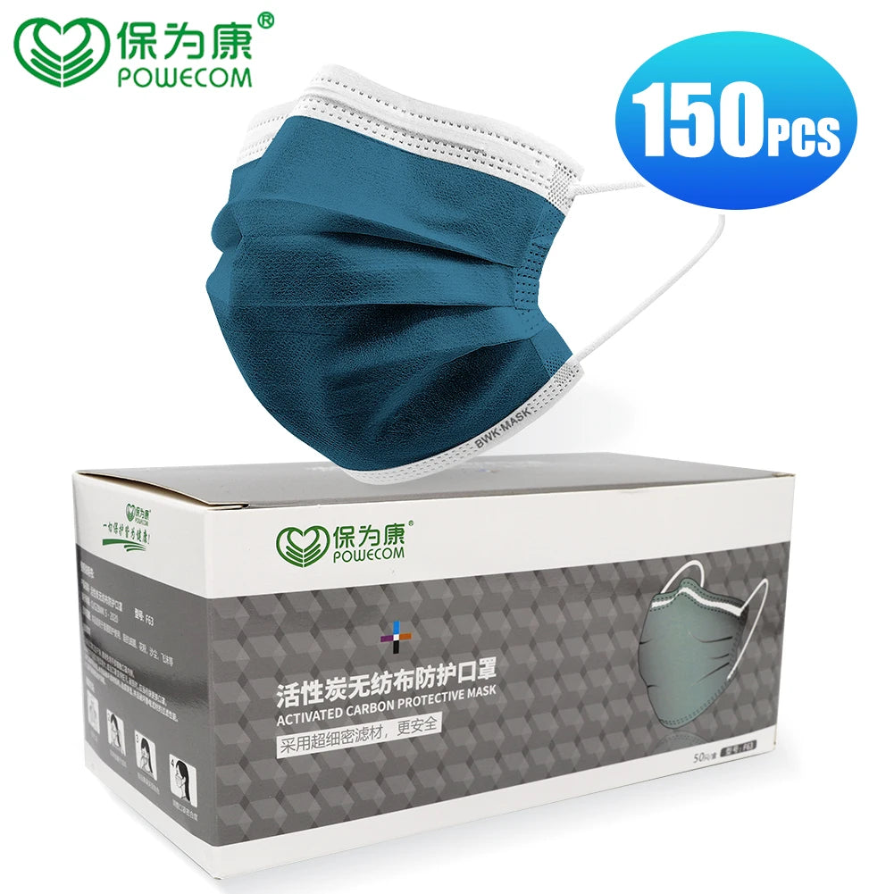 300/200/150/100/50Pcs POWECOM Disposable Face Mask 4-Layer Nonwoven Activated Carbon Mask Protective Dustproof Respirator Masks