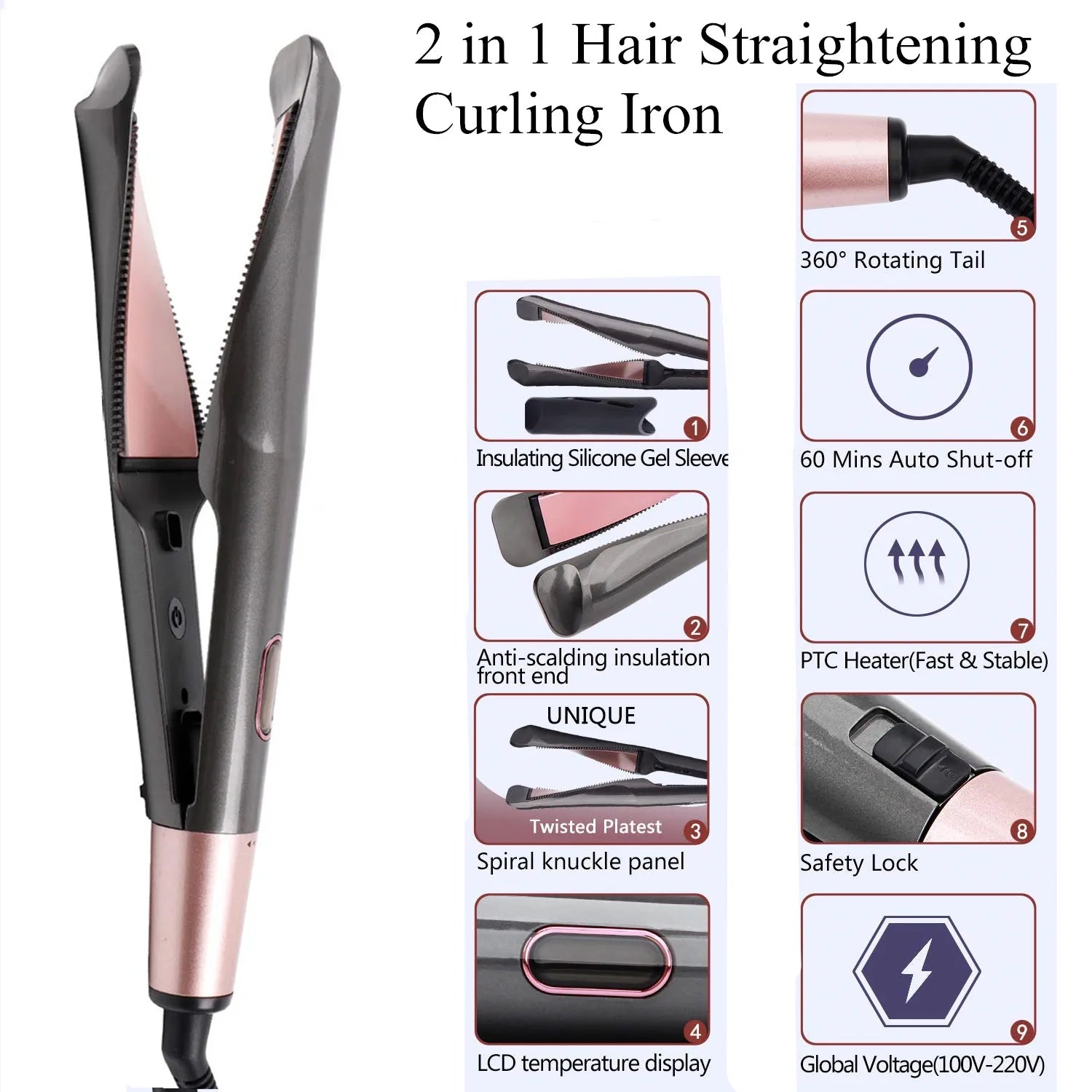Professional Hair Straightener 2-In-1 Straight & Curler Tourmaline Ceramic Heating Plate Curling Twisted Flat Iron Hair Styling
