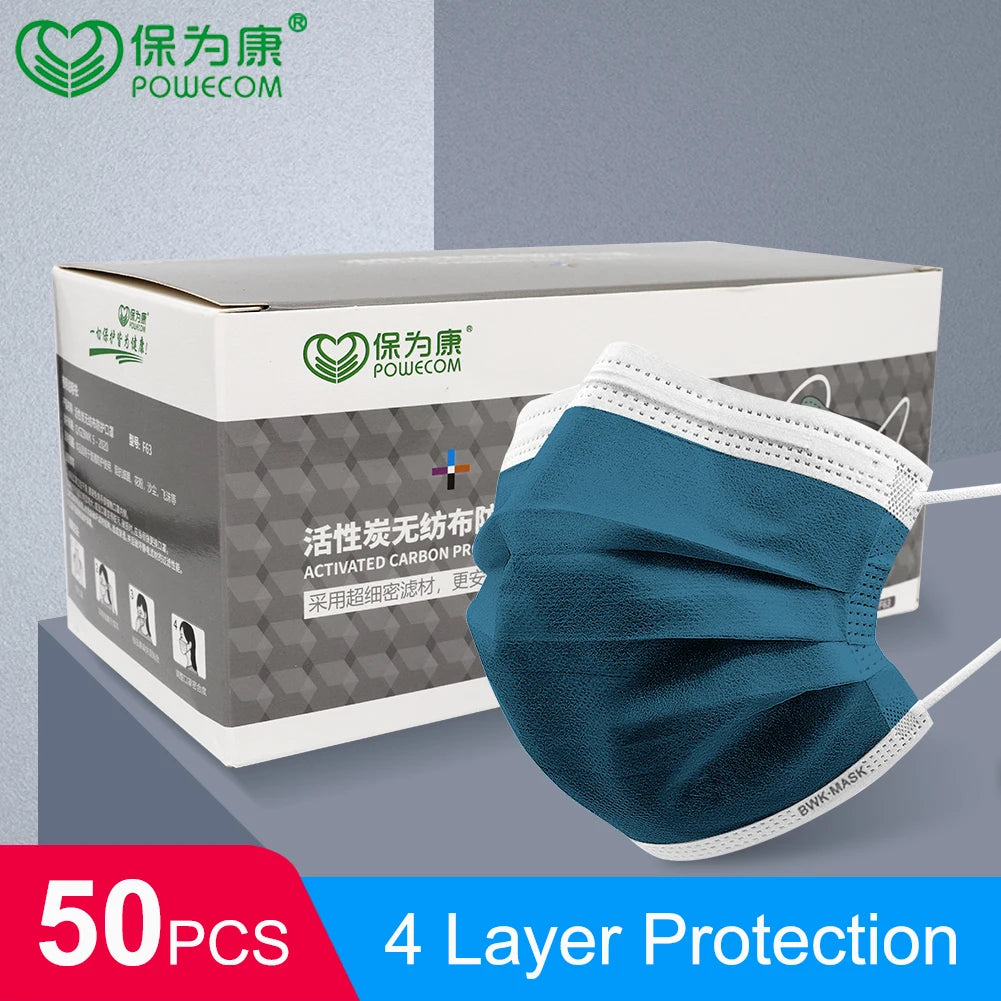 300/200/150/100/50Pcs POWECOM Disposable Face Mask 4-Layer Nonwoven Activated Carbon Mask Protective Dustproof Respirator Masks