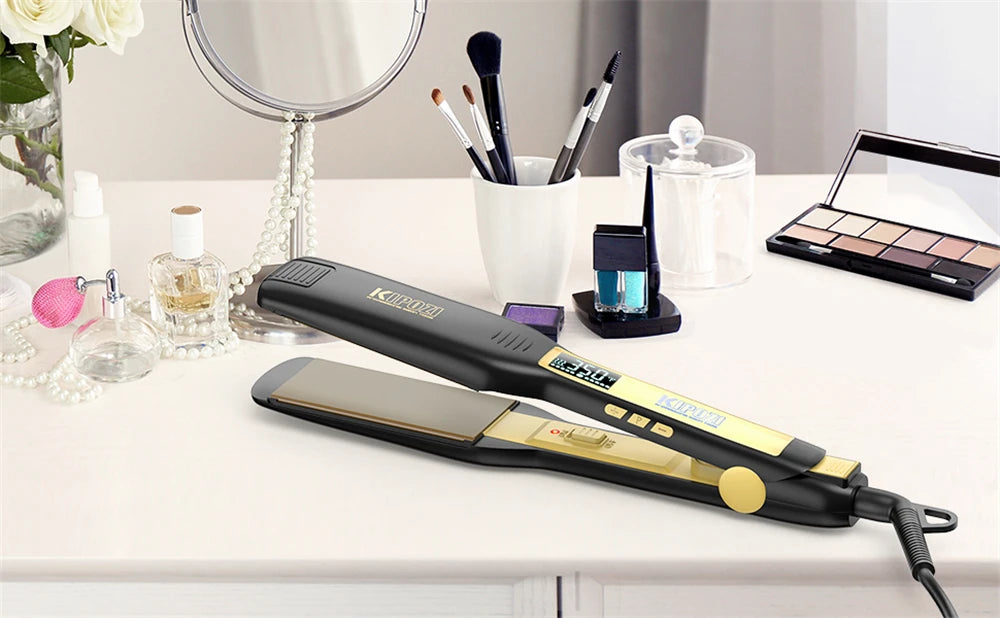 KIPOZI Professional Hair Straightener Titanium Flat Iron with Digital LCD Display Dual Voltage Instant Heating Curling Iron