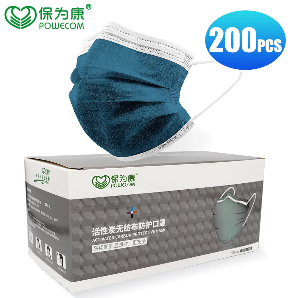 300/200/150/100/50Pcs POWECOM Disposable Face Mask 4-Layer Nonwoven Activated Carbon Mask Protective Dustproof Respirator Masks