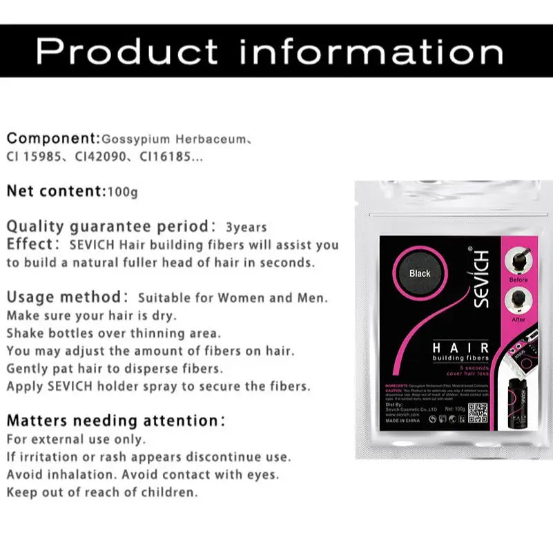 Sevich 10 colors hair fiber thicken powder 100g refill bag hair loss products hair building fibers powders