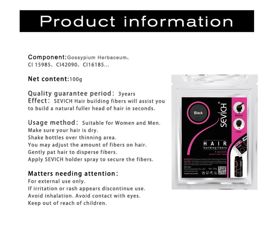 Sevich Refill Bag 100g Hair Fiber Hair loss products bald extension thicken Hair building fibers 10 colours hair growth powder