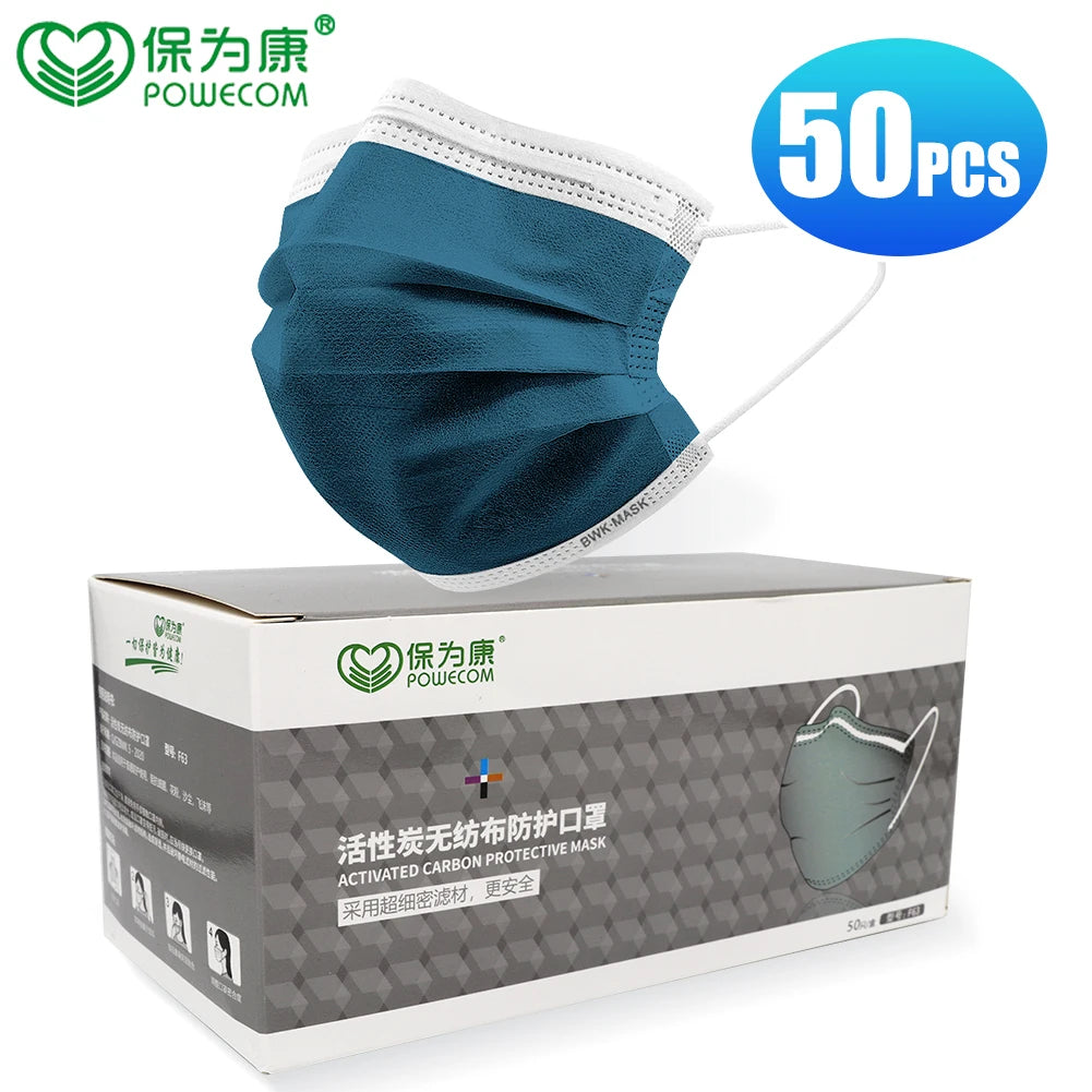 300/200/150/100/50Pcs POWECOM Disposable Face Mask 4-Layer Nonwoven Activated Carbon Mask Protective Dustproof Respirator Masks