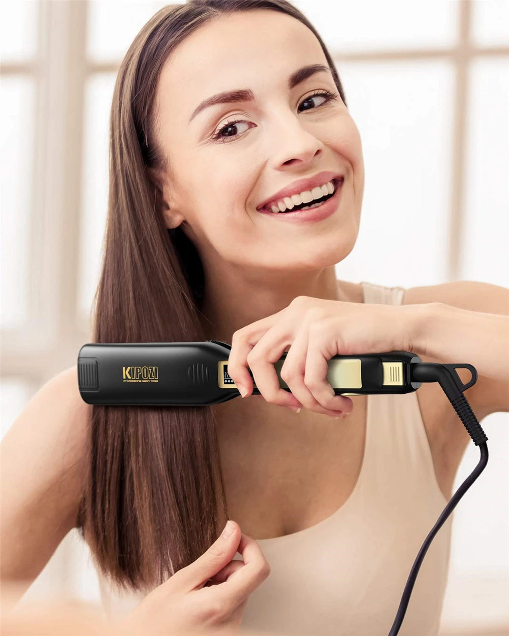 KIPOZI Professional Hair Straightener Titanium Flat Iron with Digital LCD Display Dual Voltage Instant Heating Curling Iron