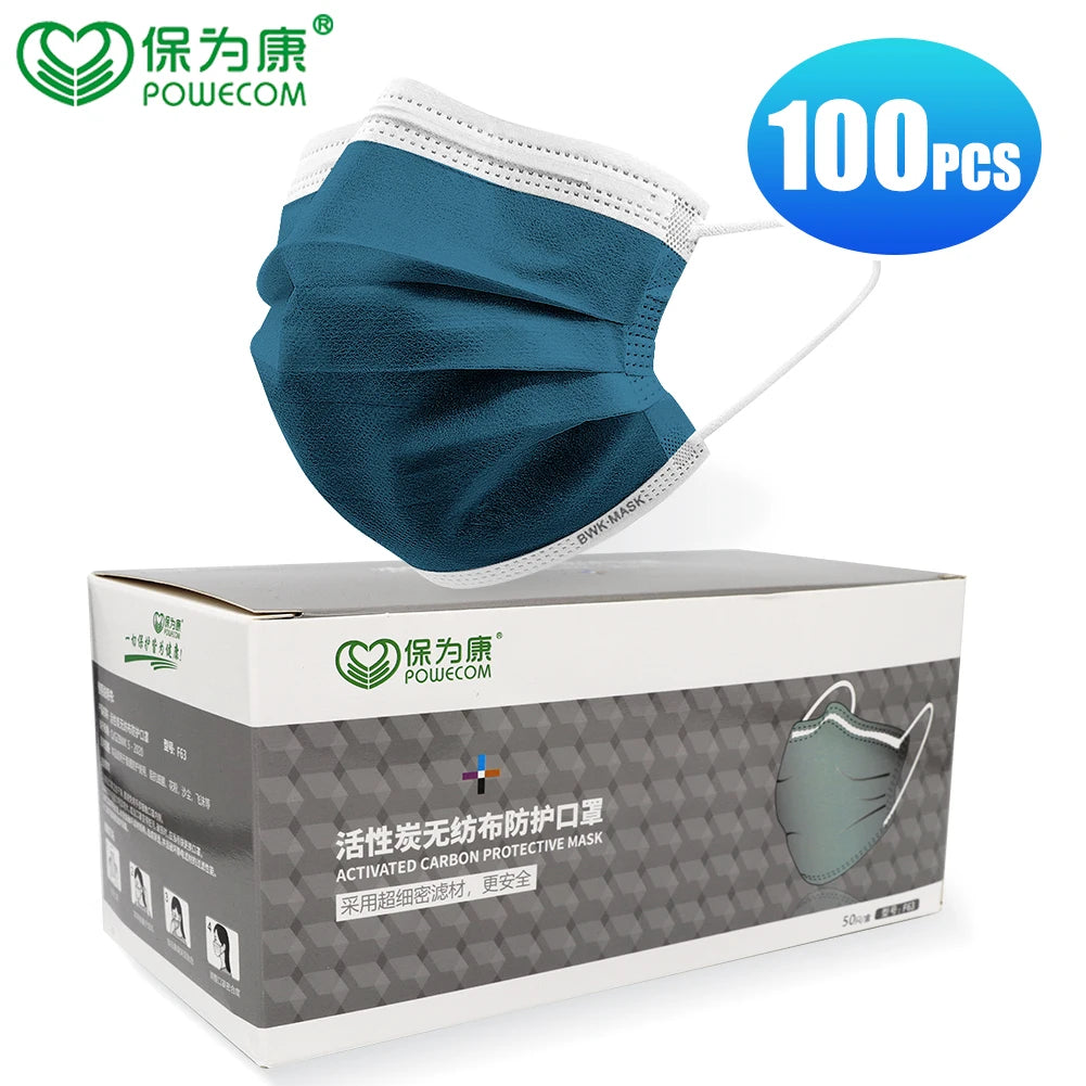 300/200/150/100/50Pcs POWECOM Disposable Face Mask 4-Layer Nonwoven Activated Carbon Mask Protective Dustproof Respirator Masks