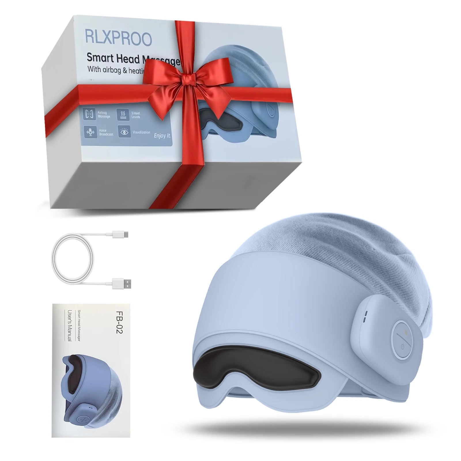 Head Massager with Eye Mask for Fatigue Relief, 4 Modes, 2 Heat Settings, Bluetooth-Capable, Rechargeable,Ideal for Rest & Relax