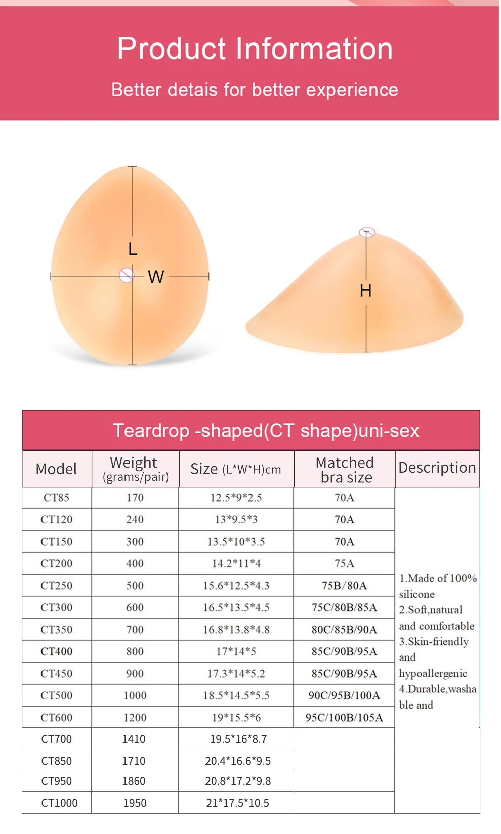 ONEFENG CT Hot Selling Silicone Fake Breasts Teardrop-Shaped Soft Pads Full Ladies False Boobs 170-300g/Pair