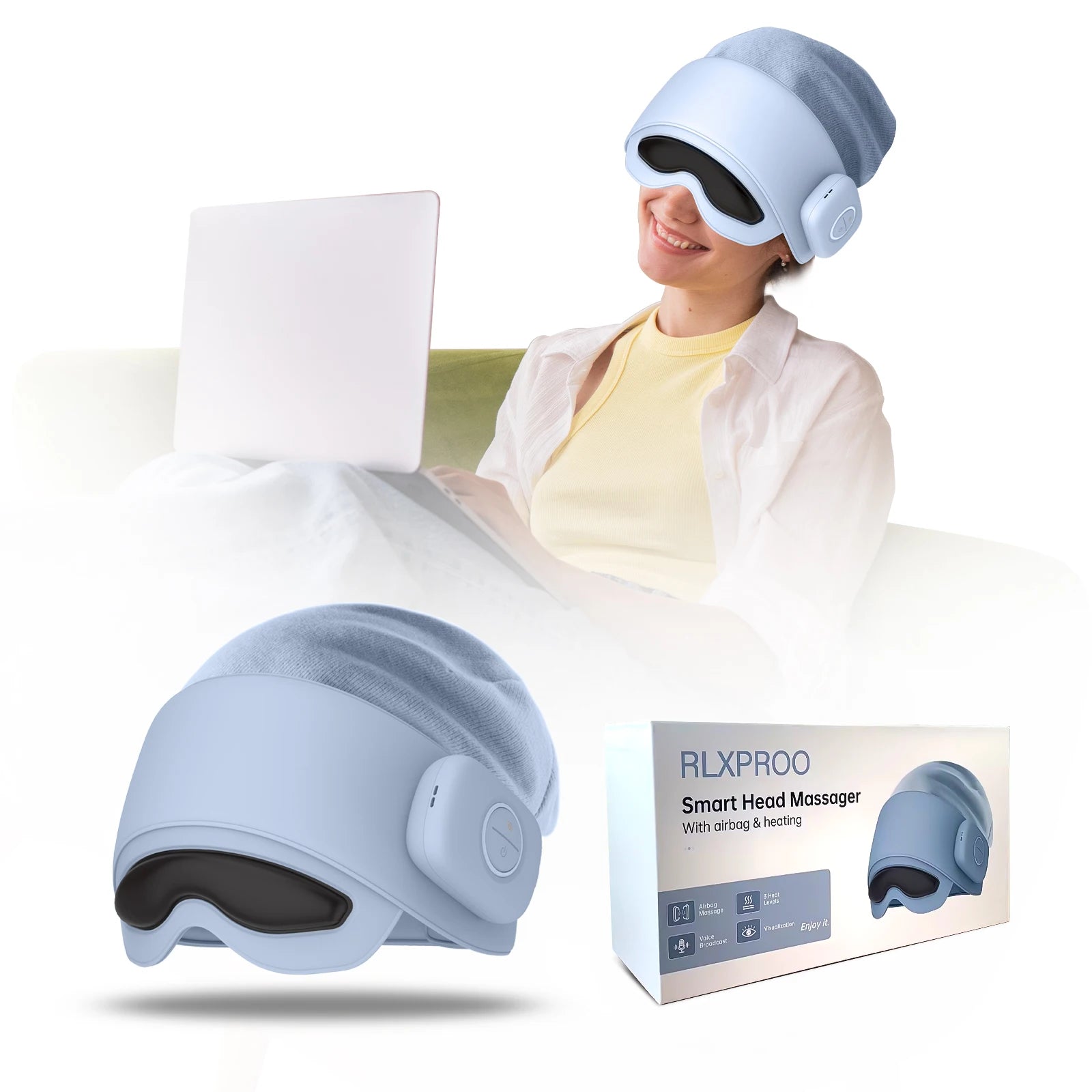 Head Massager with Eye Mask for Fatigue Relief, 4 Modes, 2 Heat Settings, Bluetooth-Capable, Rechargeable,Ideal for Rest & Relax