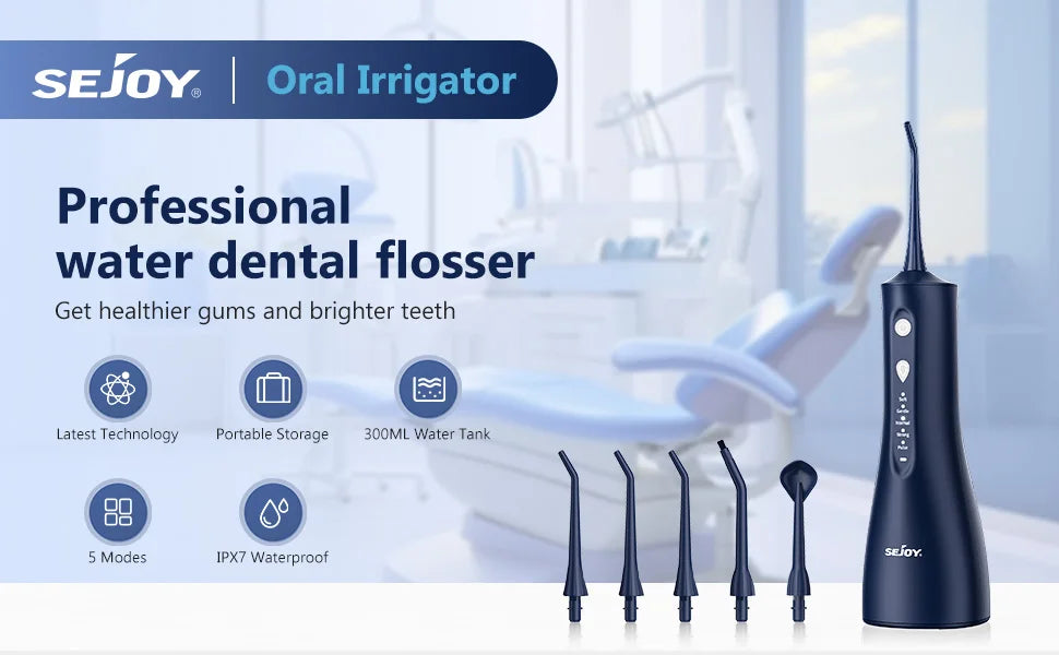 Sejoy Water Dental Flosser Oral Irrigator for Teeth 300ml Water Tank 5 Modes 5 Nozzels Teeth Cleaner Rechargeable Dental Floss