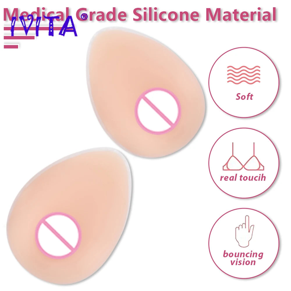 IVITA 1 Pair Realistic Self-adhesive Silicone Fake Breasts Form Fake Boobs for Crossdresser Prosthesis Transgender Cosplay