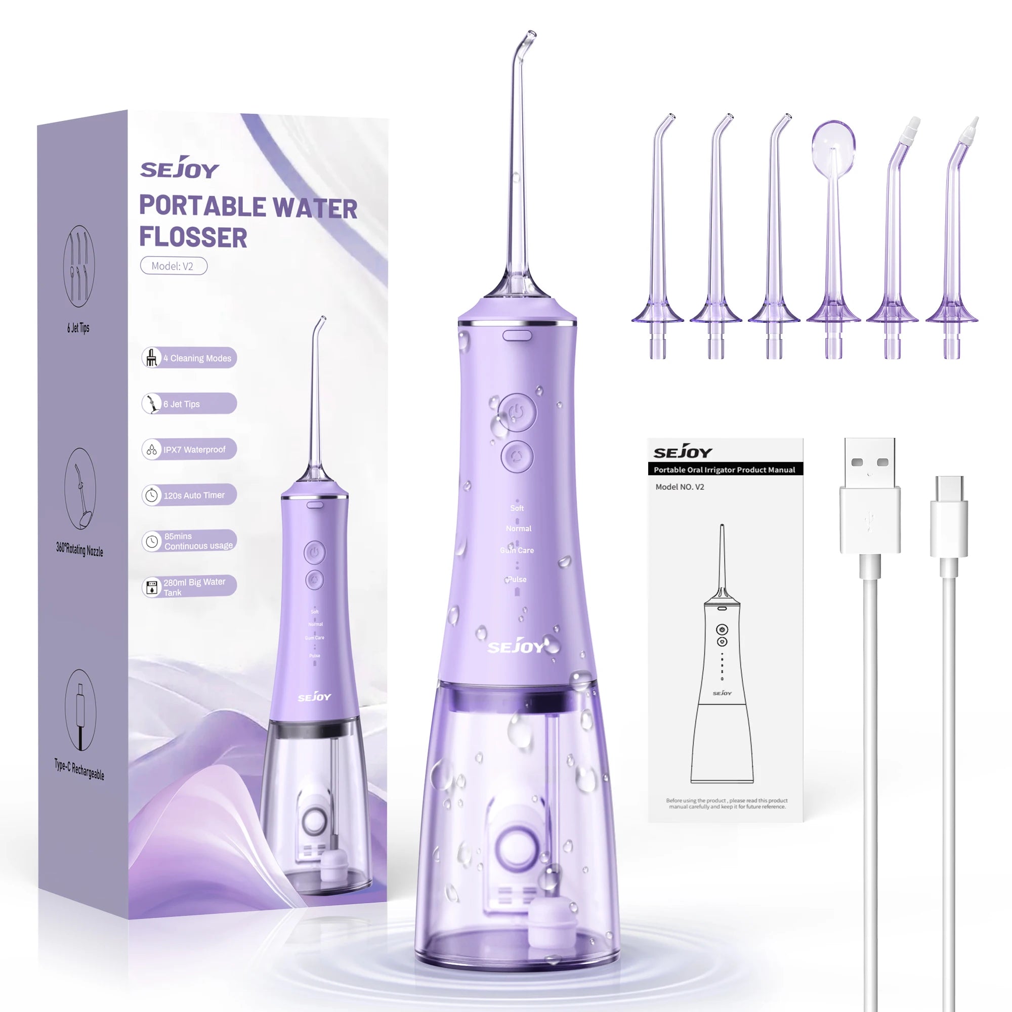Sejoy Oral Irrigator for Teeth Cleaning Water Flosser Dental Cordless USB Rechargeable 4 Modes Teeth Clean Portable for Travel