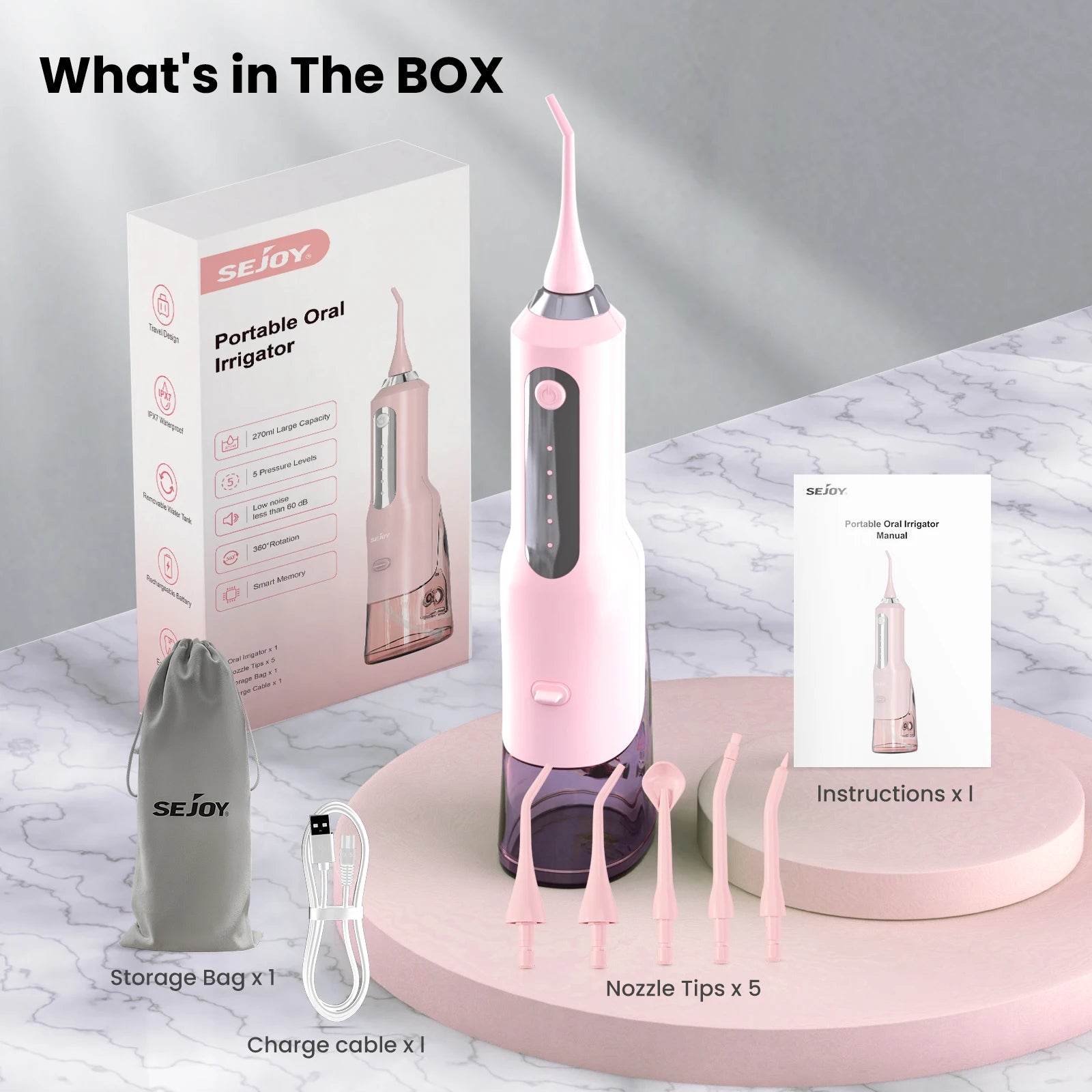 SEJOY Dental Oral Irrigator Water Flosser,5 Nozzles,USB Rechargeable 270ml Tank,Water Floss Teeth Pick Mouth Washing Machine