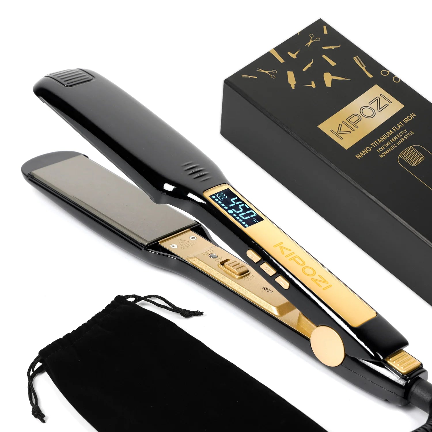 KIPOZI Professional Hair Straightener Titanium Flat Iron with Digital LCD Display Dual Voltage Instant Heating Curling Iron