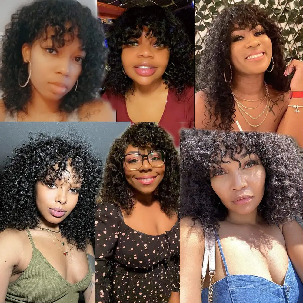 Curly Human Hair Wigs Machine Made Scalp Top Wig With Bangs 200% Density Shoulder-Grazing Curly Wig with Wispy Bangs