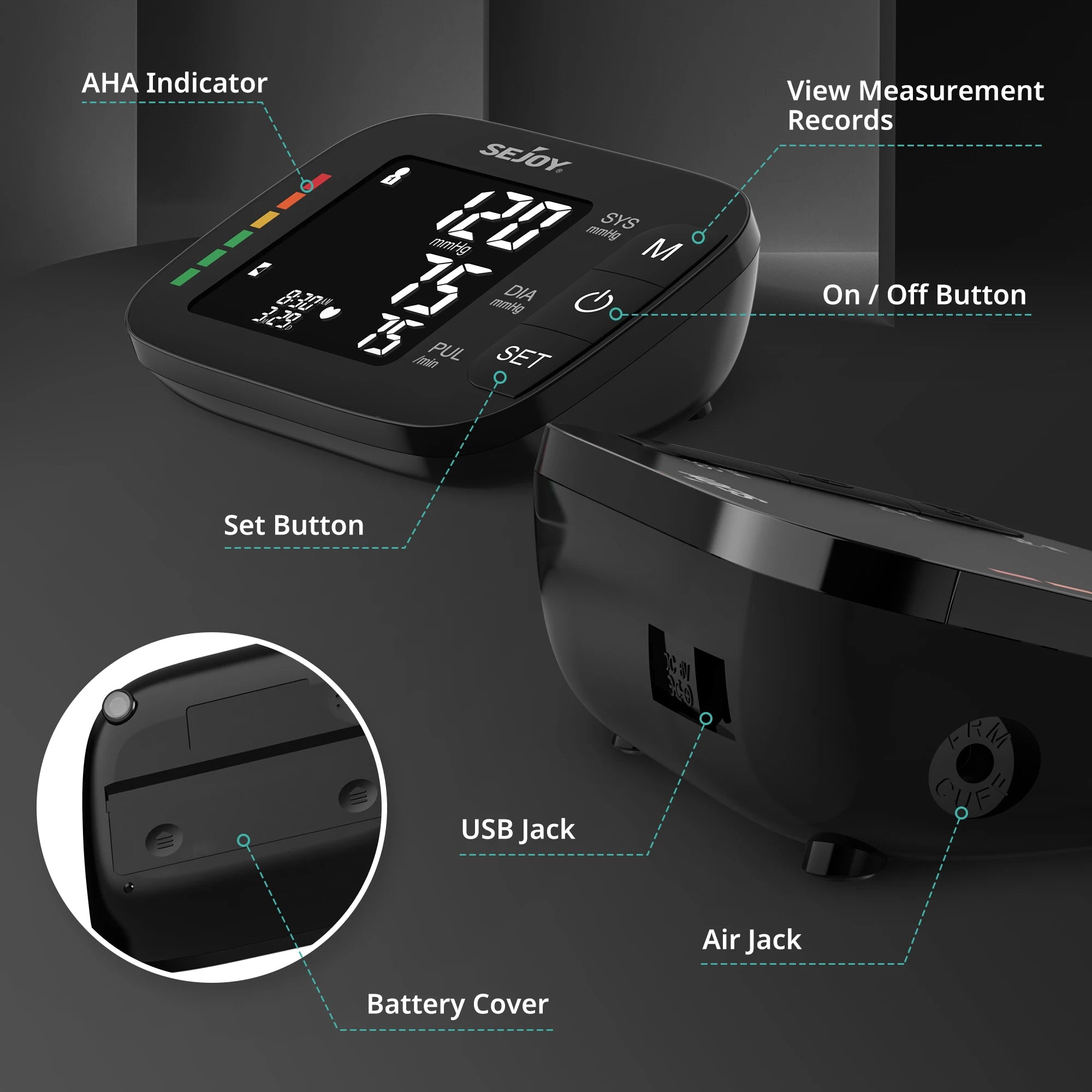 SEJOY Digital Upper Arm Automatic Blood Pressure Monitor Backlight&Voice BP Sphygmomanometer for Measuring Arterial Pressure