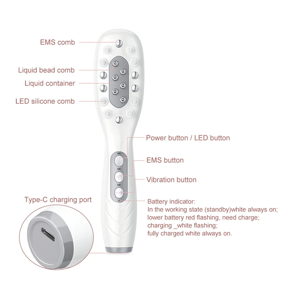 EMS Electric Massage Comb Blue Red Purple Light Therapy Vibration Hair Growth Scalp Brush Liquid Oil Applicator Anti Hair Loss