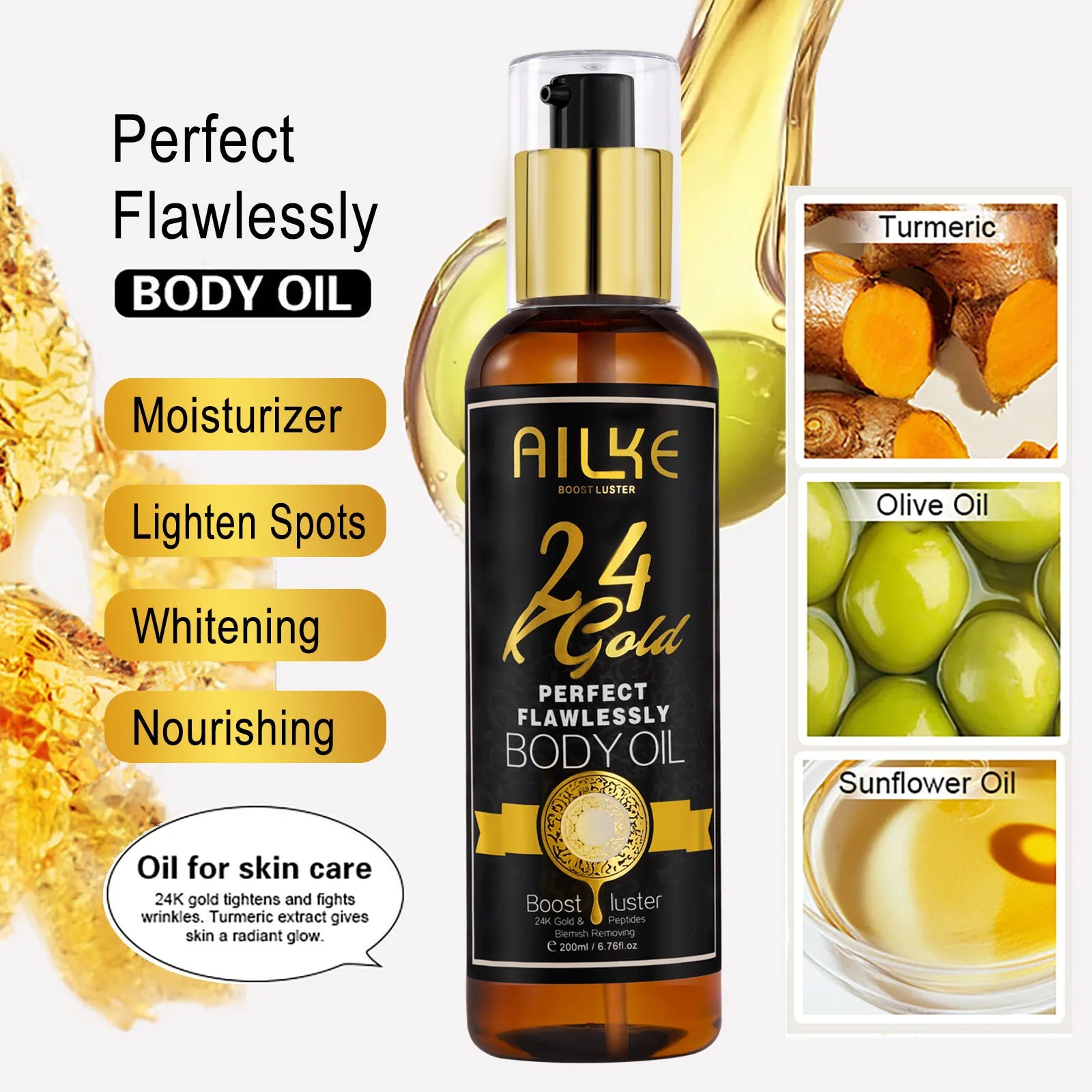 AILKE 24k Gold Flawlessly Body Oil, Natural Plant Oil For All Skin Type, Skin Moisturizer, Reduce Spots, Smoothing, Brightening