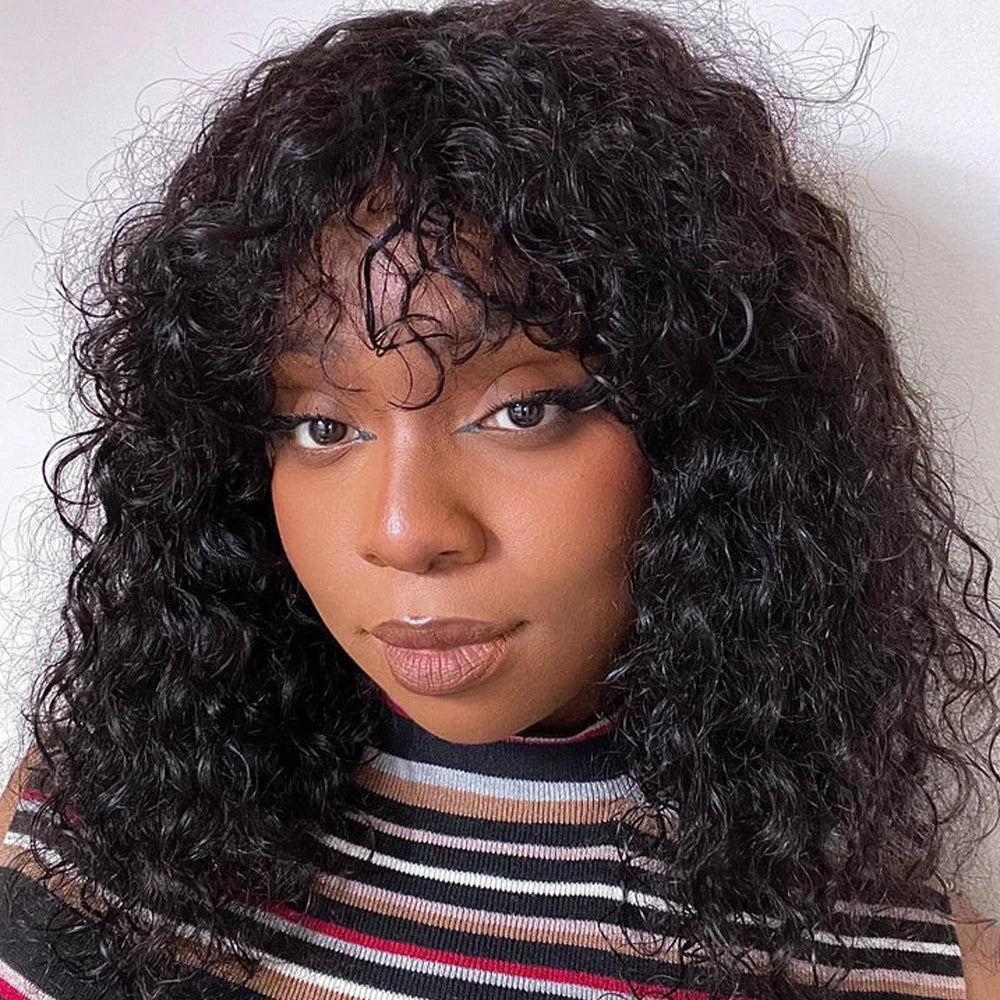 Curly Human Hair Wigs Machine Made Scalp Top Wig With Bangs 200% Density Shoulder-Grazing Curly Wig with Wispy Bangs