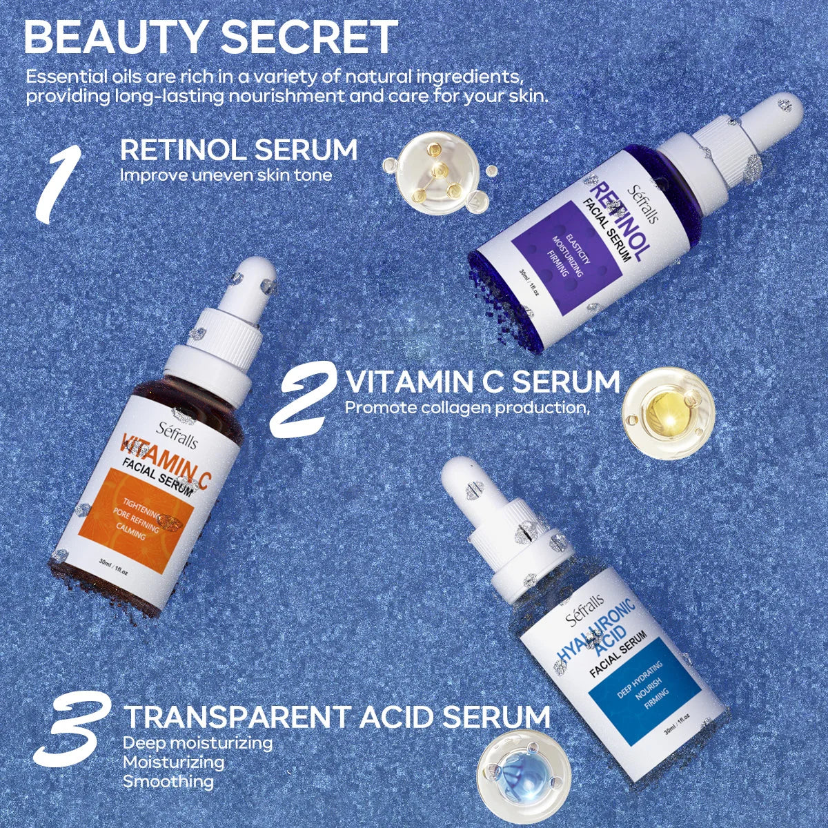 Séfralls Hyaluronic Acid VC Essence Set 30ml*3pcs With Vitamin-C Vitamin-A and Hyaluronic Acid Serum For Glistening, Firming Hy