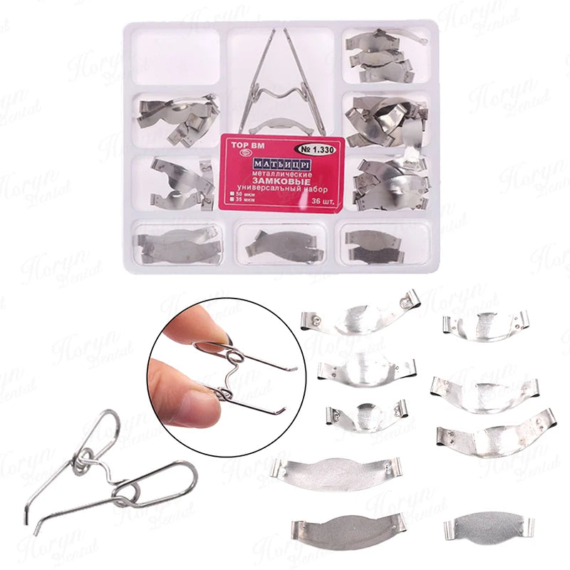 36/100 pcs Dental Supplies Matrix with Springclip NO.1.330 Sectional Contoured Metal Matrices Full kit for Teeth Replacement