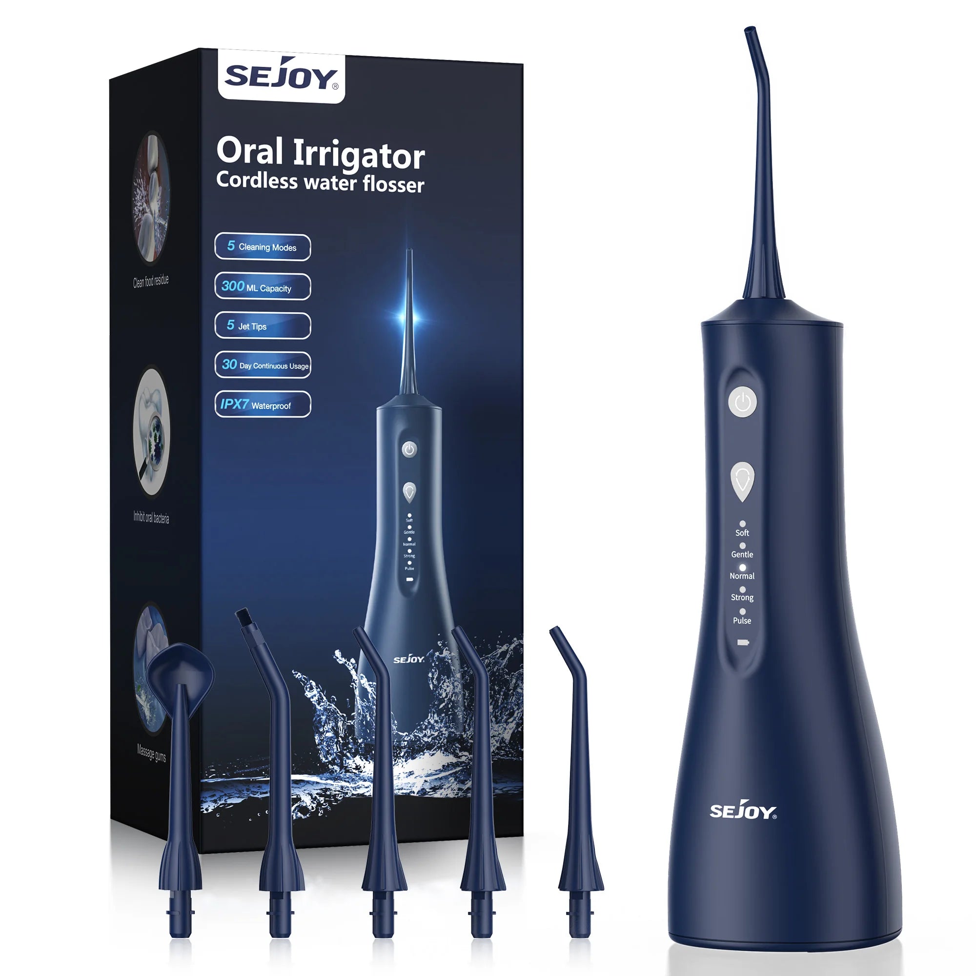 Sejoy Water Dental Flosser Oral Irrigator for Teeth 300ml Water Tank 5 Modes 5 Nozzels Teeth Cleaner Rechargeable Dental Floss