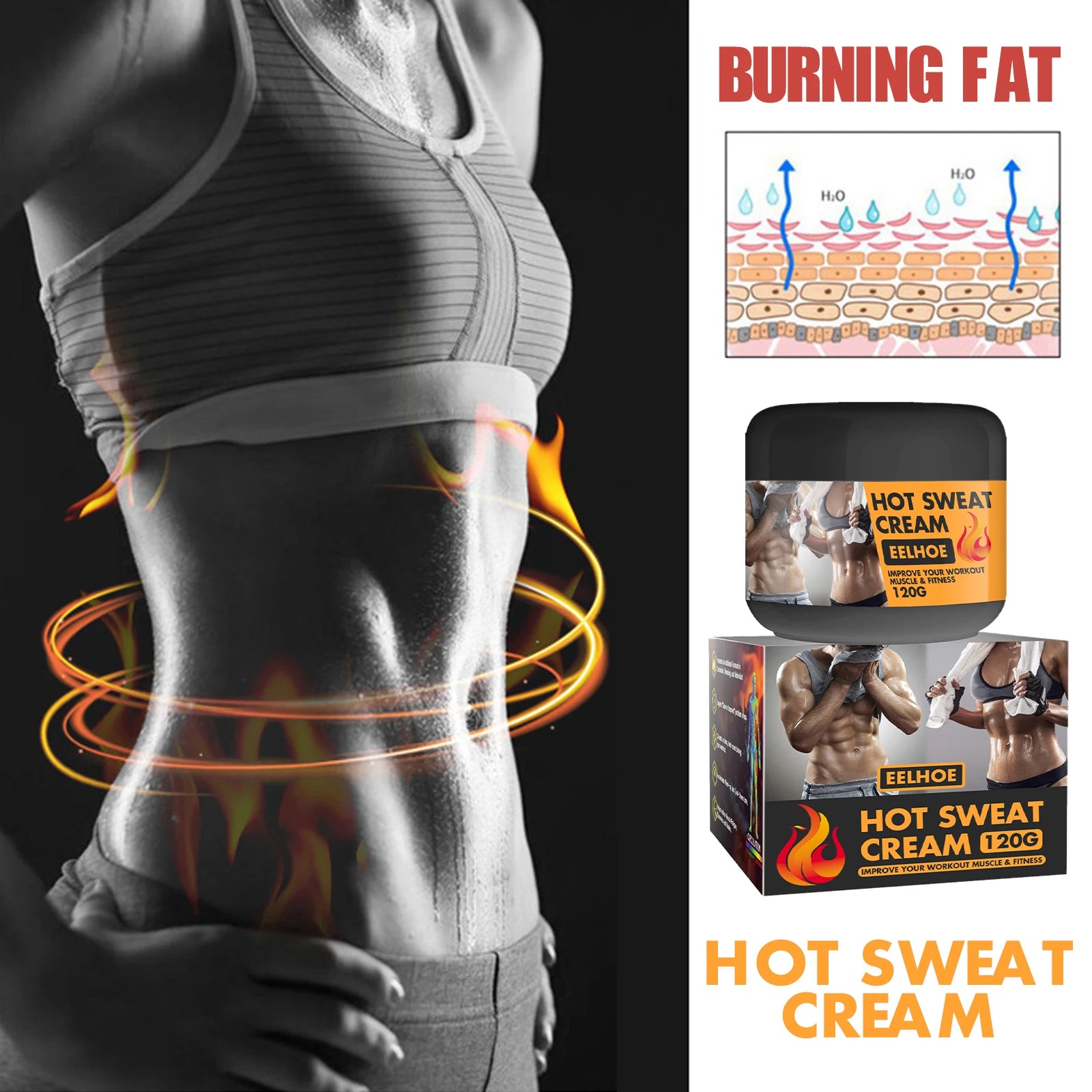 EELHOE Hot Sweat Cream 120g Fat Burning Tighten Abdominal Muscles Arms Legs Waist Fat Loss Firming Skin Natural Belly All Body