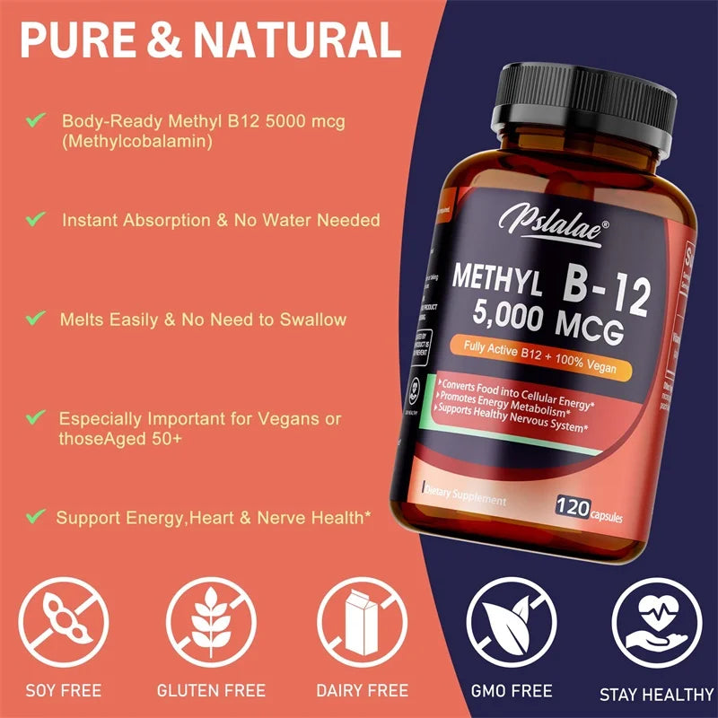 Vitamin B12 - 5000 MCG Supplement -Benefits Brain & Heart Function, Supports Memory,Boost Natural Energy Supple - 120 Capsules