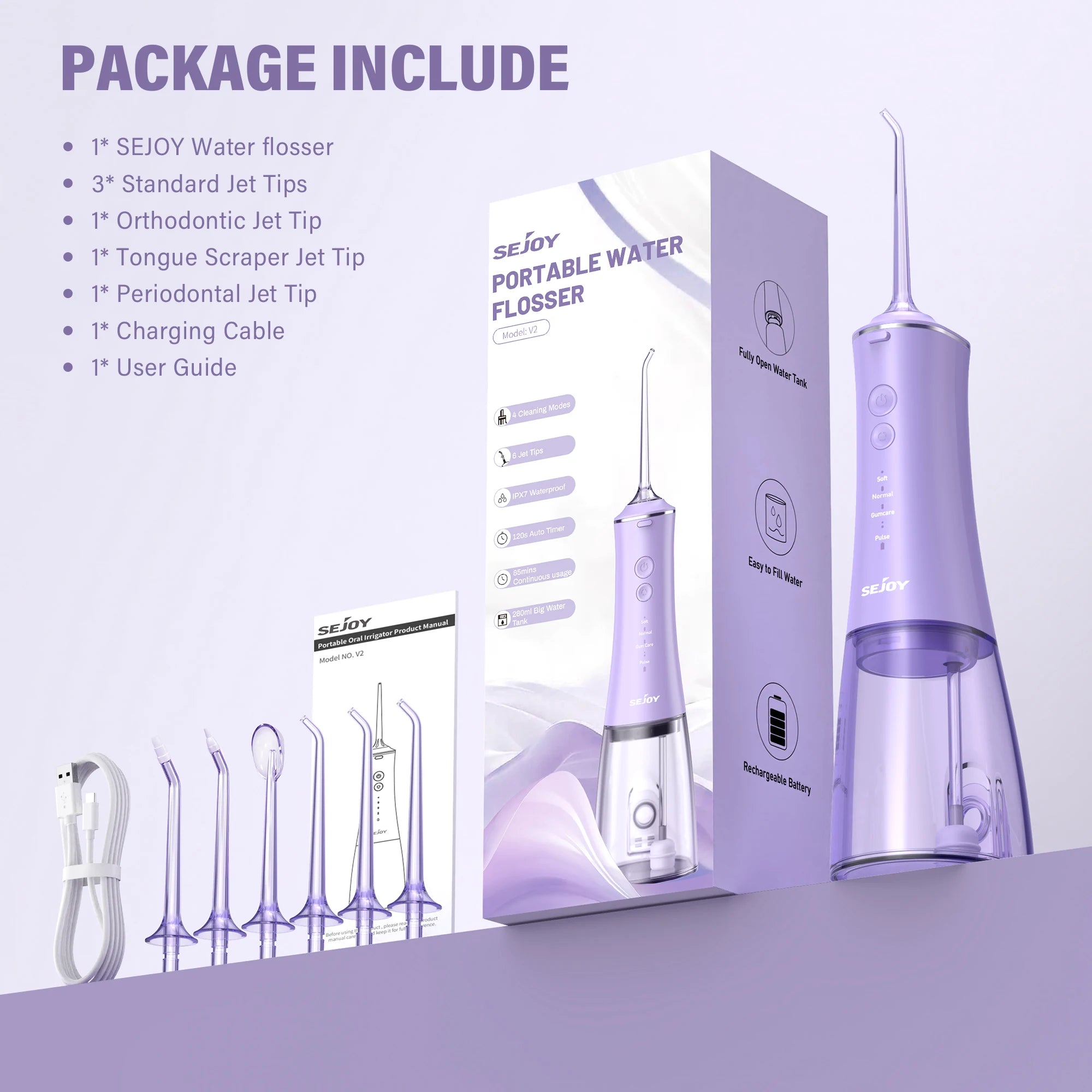 Sejoy Oral Irrigator for Teeth Cleaning Water Flosser Dental Cordless USB Rechargeable 4 Modes Teeth Clean Portable for Travel