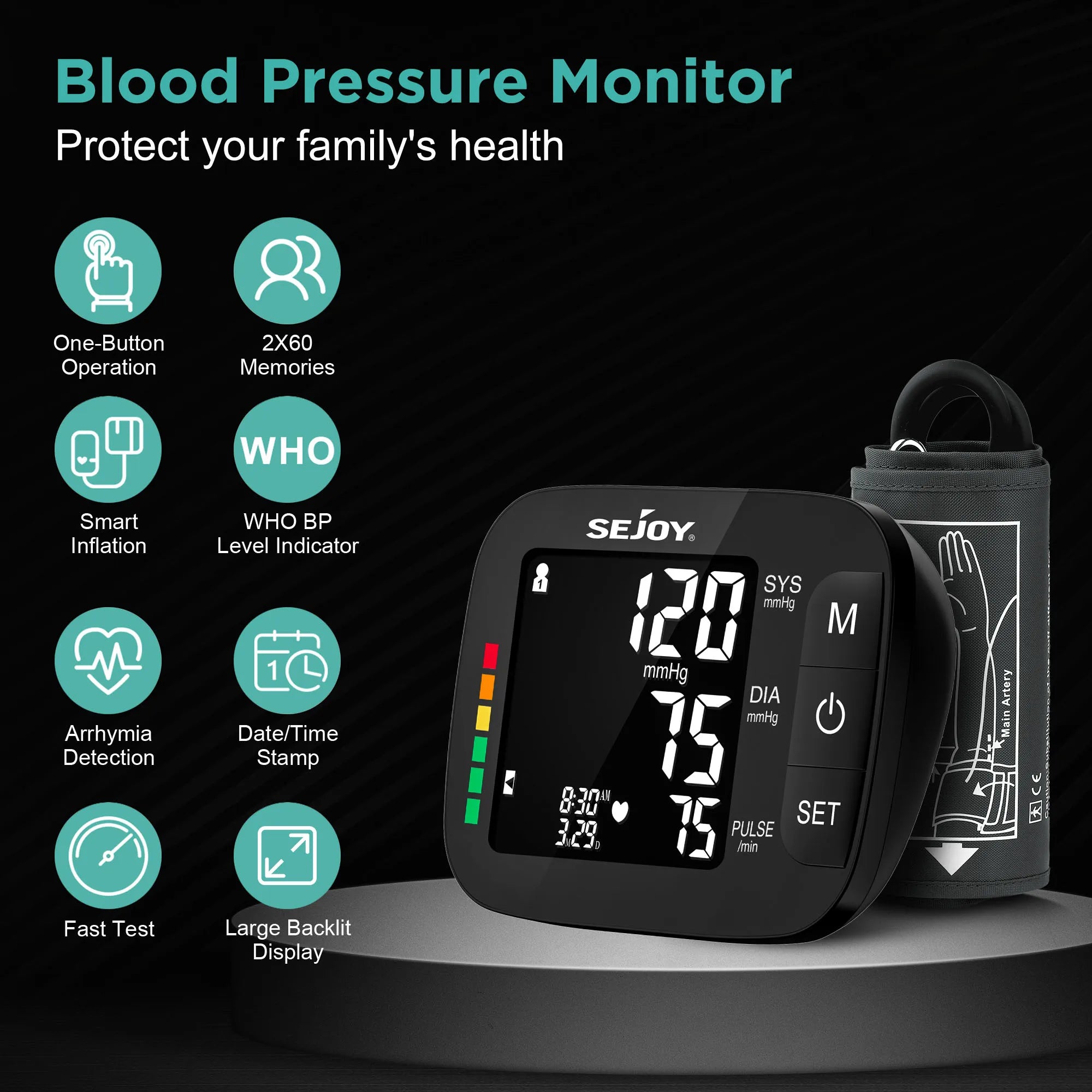 SEJOY Digital Upper Arm Automatic Blood Pressure Monitor Backlight&Voice BP Sphygmomanometer for Measuring Arterial Pressure