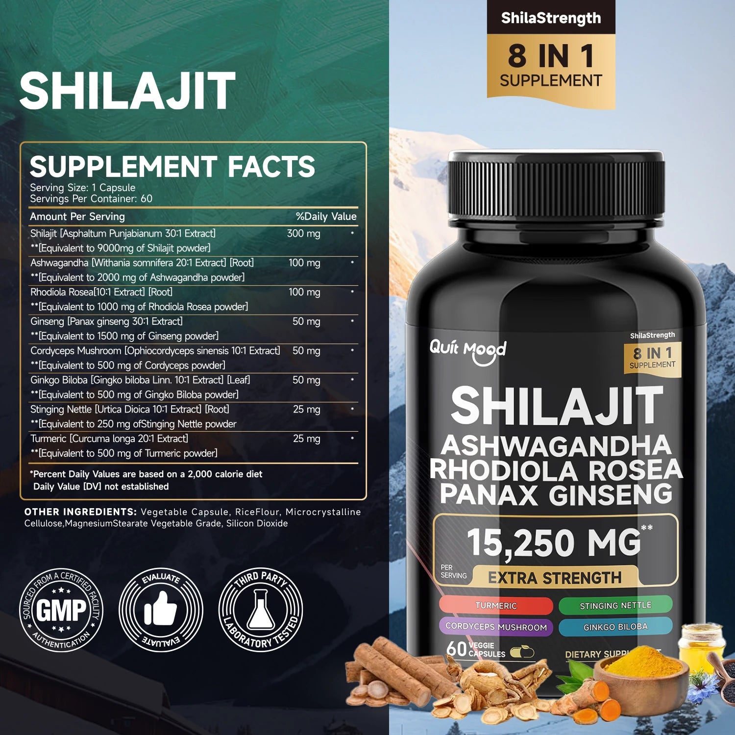 Shilajit 9000 Panax Ginseng 1500MG Ashwagandha 2000MG Rhodiola Rosea 1000MG, Turmeric 500MG, Gingko Biloba 500MG, Stinging Nettl