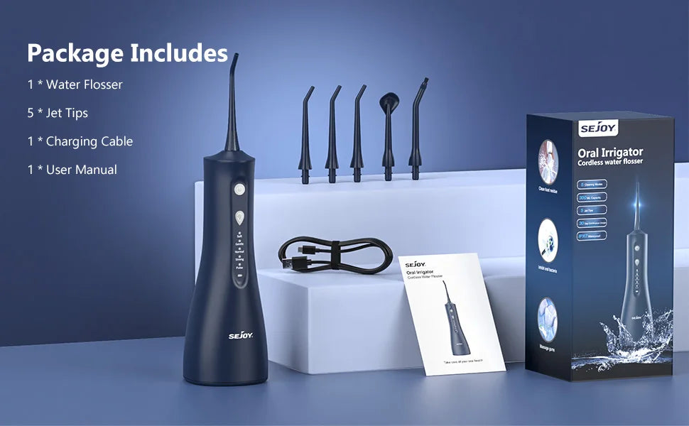Sejoy Water Dental Flosser Oral Irrigator for Teeth 300ml Water Tank 5 Modes 5 Nozzels Teeth Cleaner Rechargeable Dental Floss