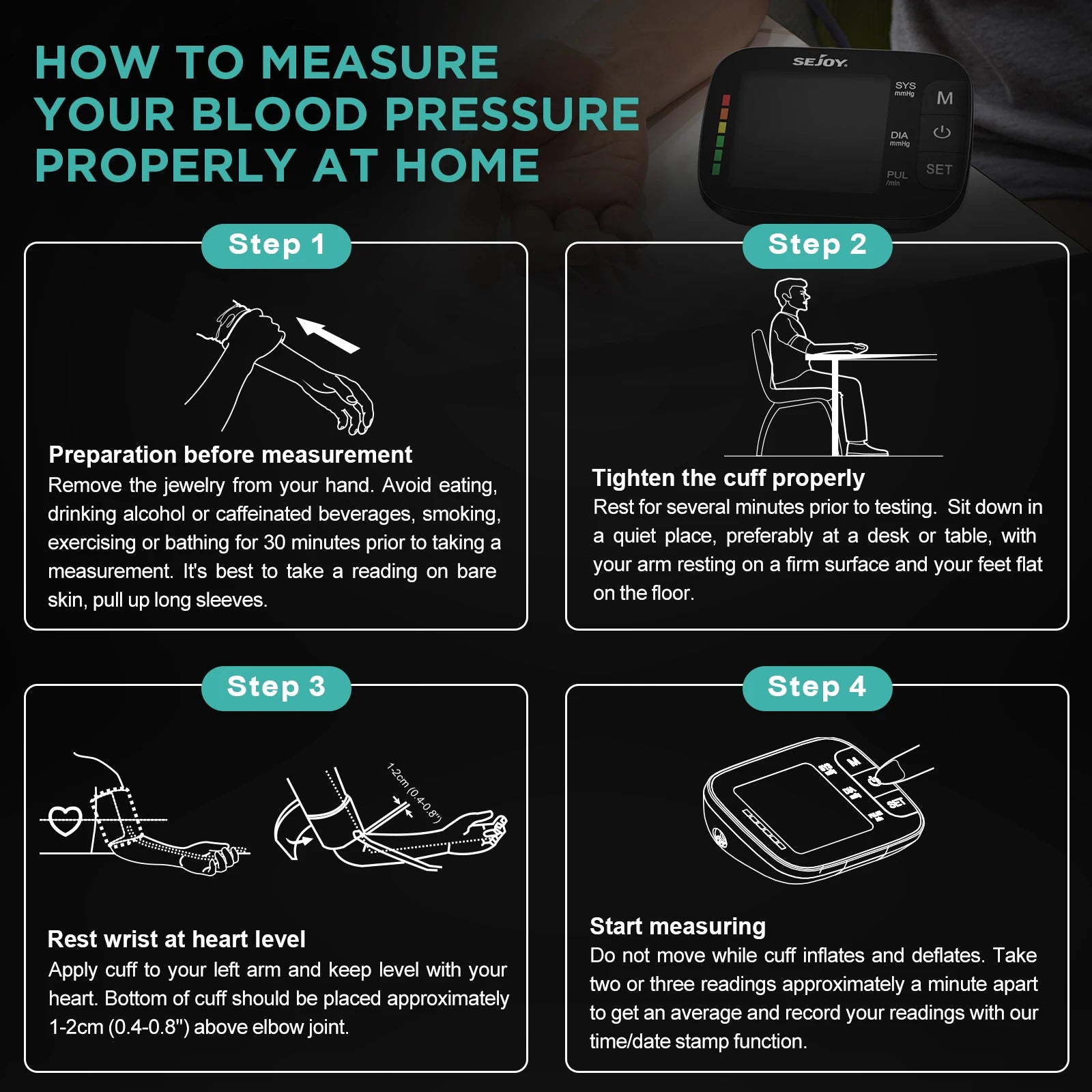 SEJOY Digital Upper Arm Automatic Blood Pressure Monitor Backlight&Voice BP Sphygmomanometer for Measuring Arterial Pressure