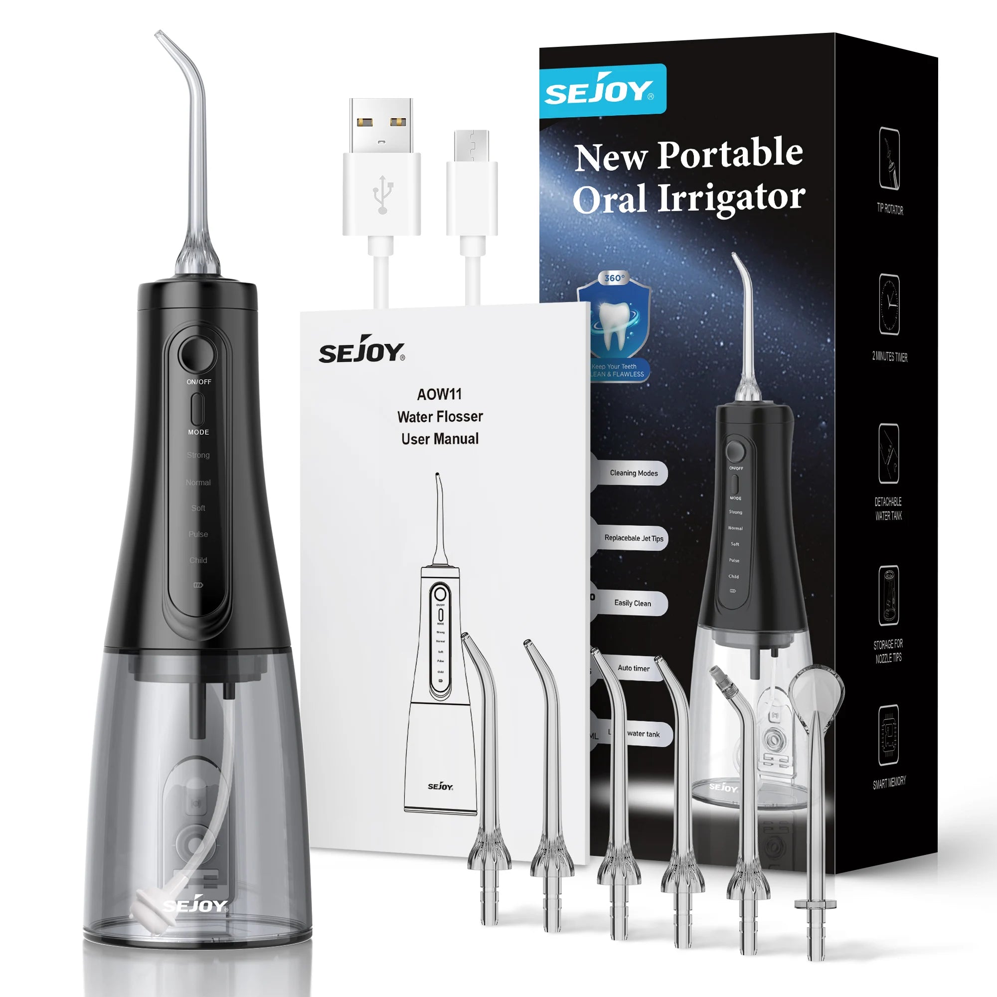 Sejoy Electric Oral Irrigator Water Flosser Portable Dental Water Flosser 6 Jets 5 Modes 350ml Tank Rechargeable Teeth Cleaner