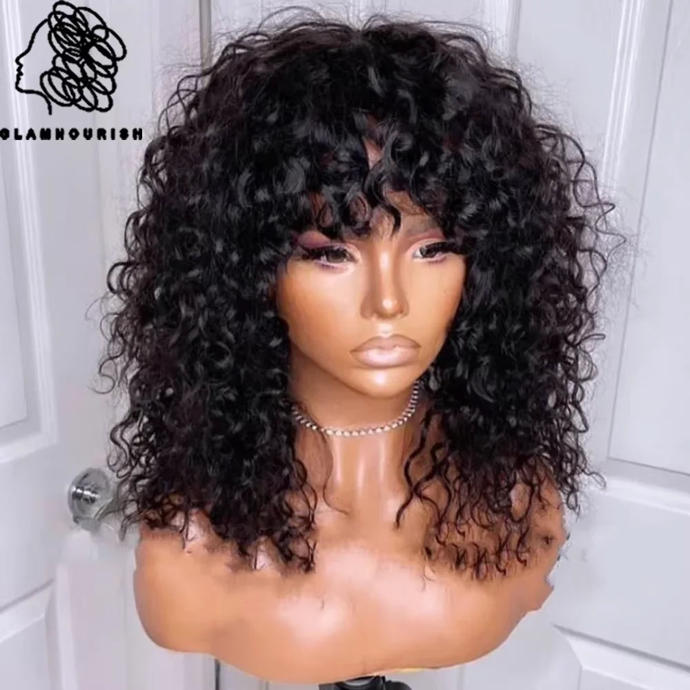 Curly Human Hair Wigs Machine Made Scalp Top Wig With Bangs 200% Density Shoulder-Grazing Curly Wig with Wispy Bangs
