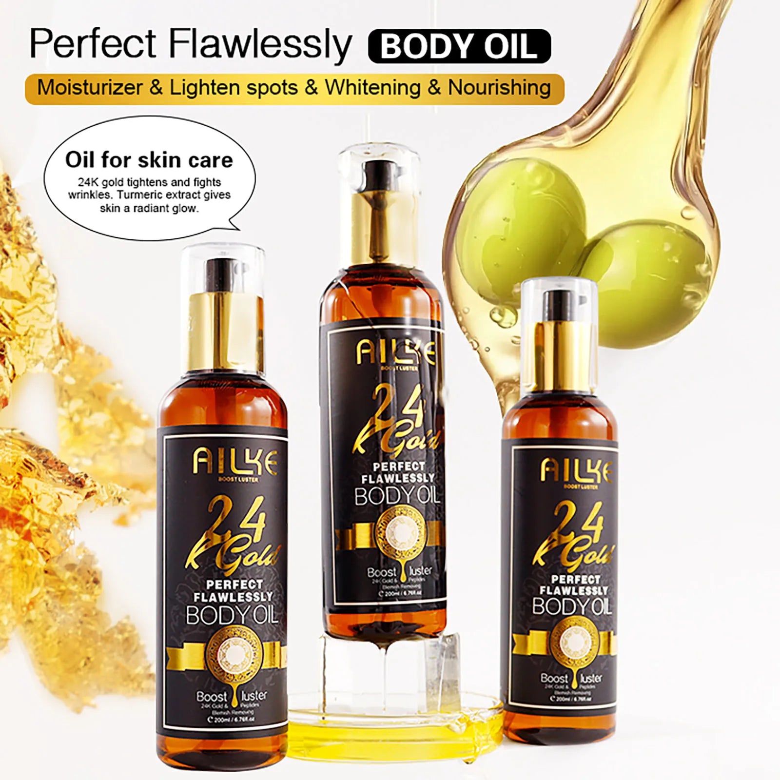 AILKE 24k Gold Flawlessly Body Oil, Natural Plant Oil For All Skin Type, Skin Moisturizer, Reduce Spots, Smoothing, Brightening