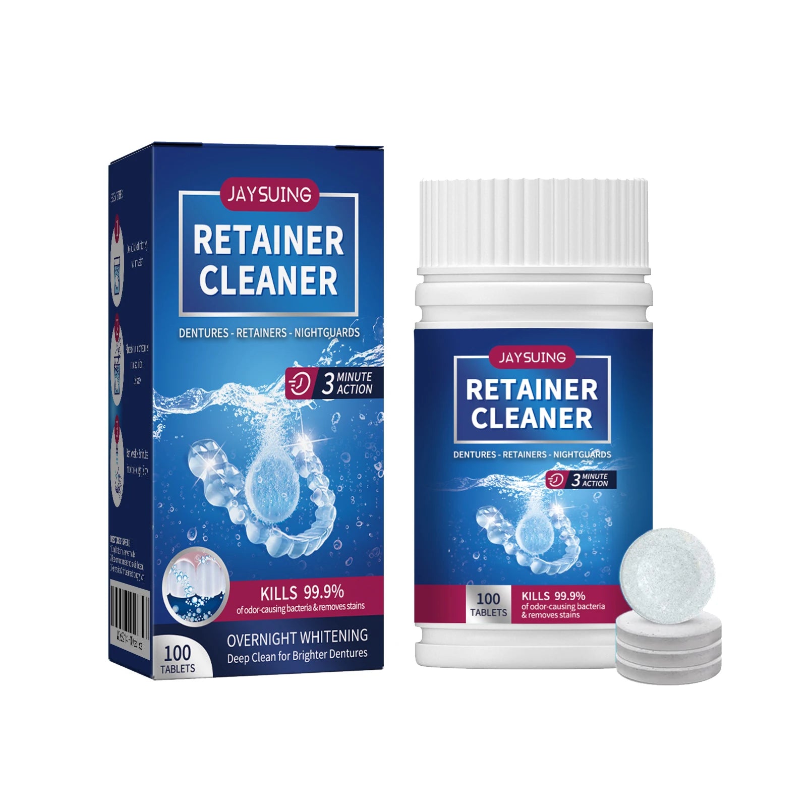 100 Tabs Denture Cleaning Tablet False Tooth Retainer Cleaner Tablets Whitening Remove Odor Discoloration Stain Plaque Oral Care