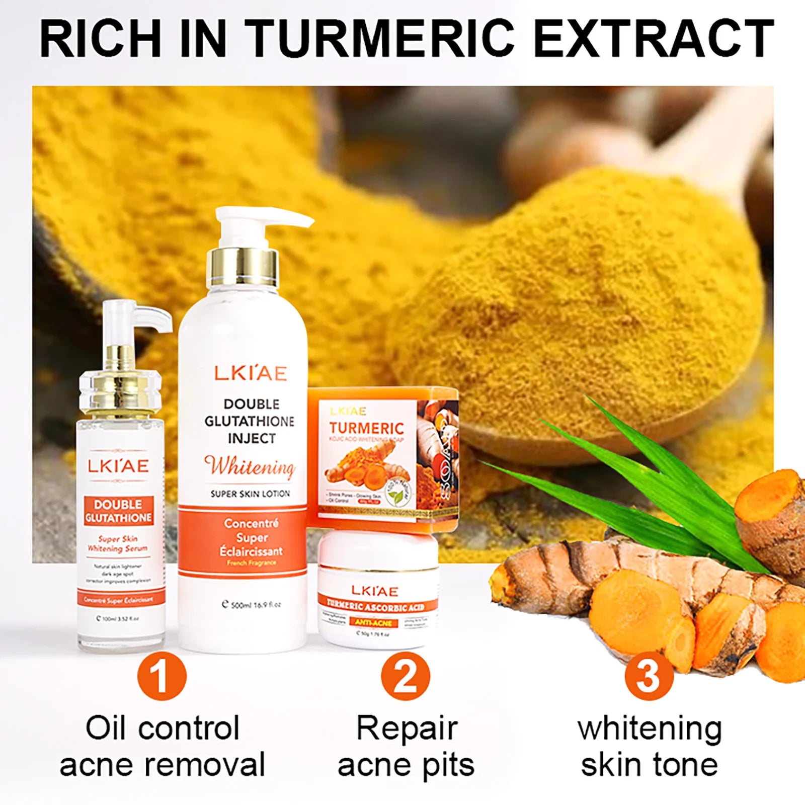 Natural Turmeric Whitening Skin Care Set, Moisturizing, Reduce Dark Spots, Acne, Even Skin Tone, With Glutathione And Aloe
