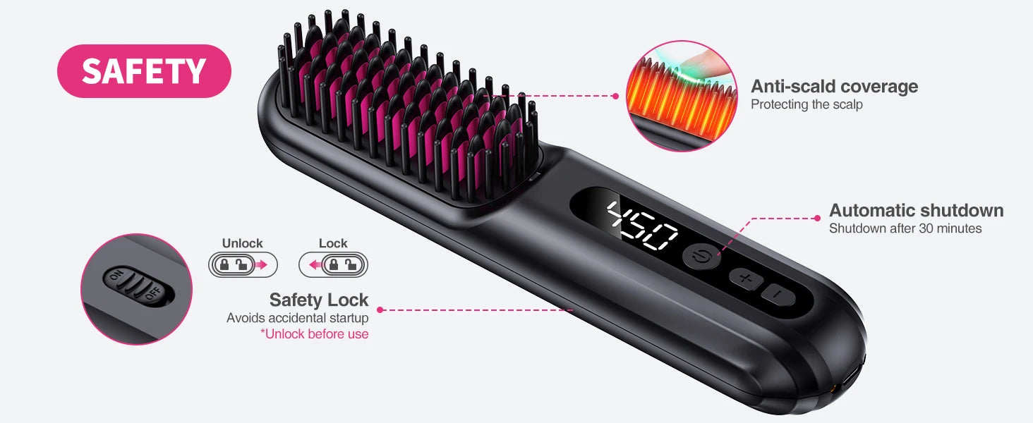 BOPCAL Cordless Hair Straightener Brush 10000mAh LED Display Negative Ions Hair Care Ceramic Electric Hot Heating Comb