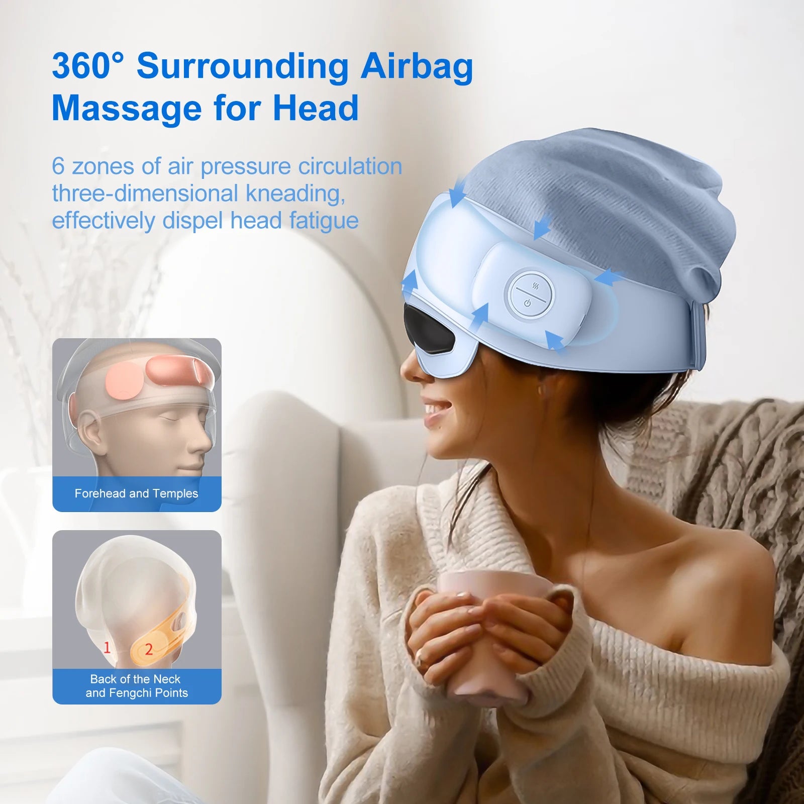 Head Massager with Eye Mask for Fatigue Relief, 4 Modes, 2 Heat Settings, Bluetooth-Capable, Rechargeable,Ideal for Rest & Relax