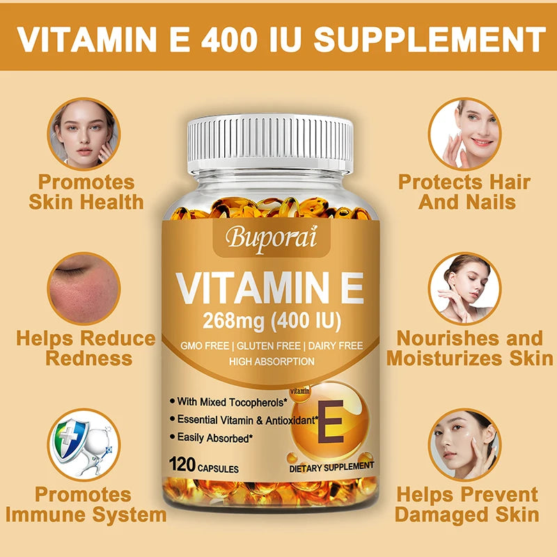 Vitamin E 268mg - Anti-aging,Brightens The Complexion, Tightens The Skin, Reduce Wrinkles, Antioxidant - 120 Capsules