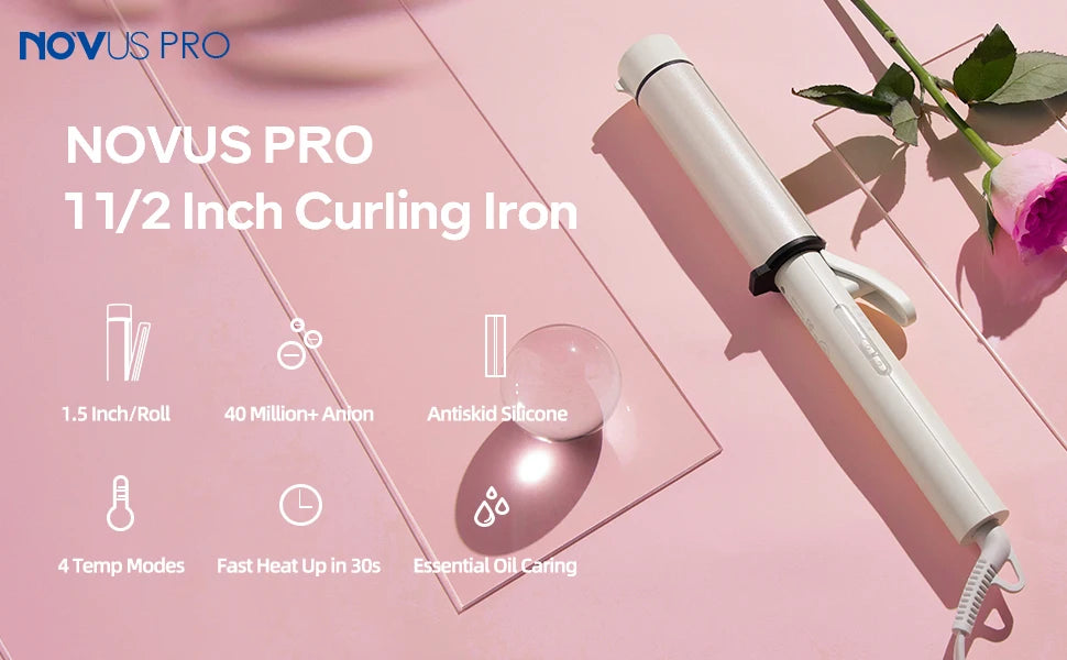 1.5 Inch Extra Large Curling Wand for Long Hair - Ceramic Tourmaline Barrel with 40000000 Negative Ions, 2 Clips