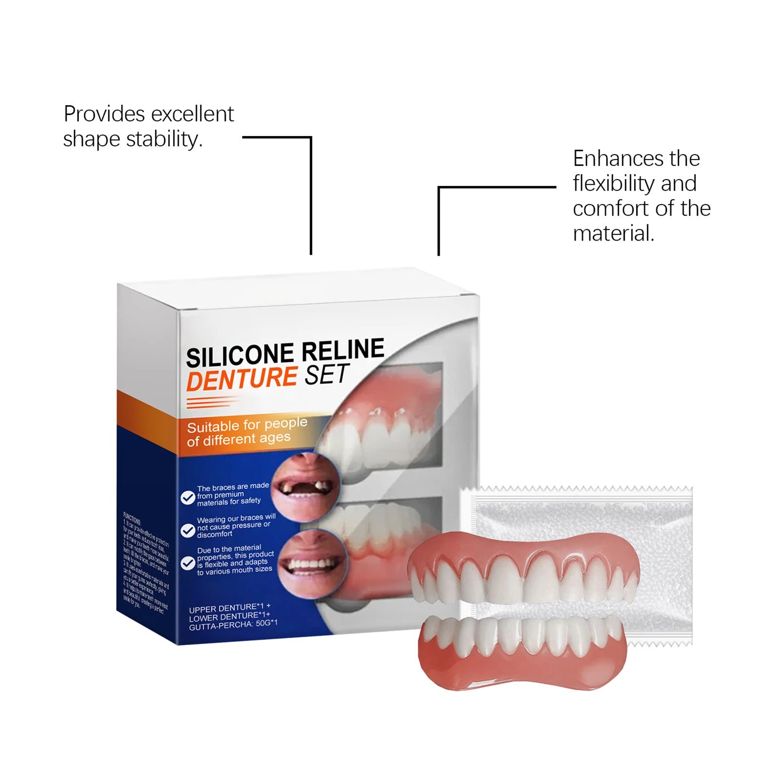 Silicone Denture Set False Teeth Silicone Upper Lower Veneers Denture Silicone Liners Soft Denture Kit Men Women Dental Patches