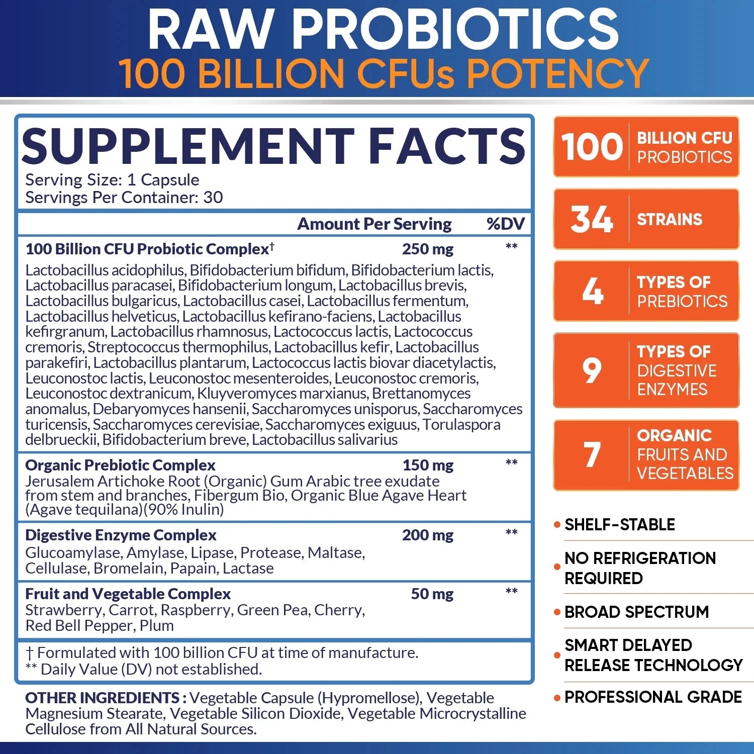 100 Billion CFU Probiotics, Probiotics for Adults, Shelf Life Probiotic Supplement with Prebiotics and Digestive Enzymes