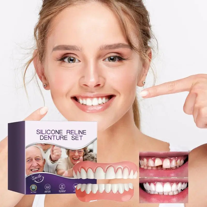 Silicone Denture Set False Teeth Silicone Upper Lower Veneers Denture Silicone Liners Soft Denture Kit Men Women Dental Patches