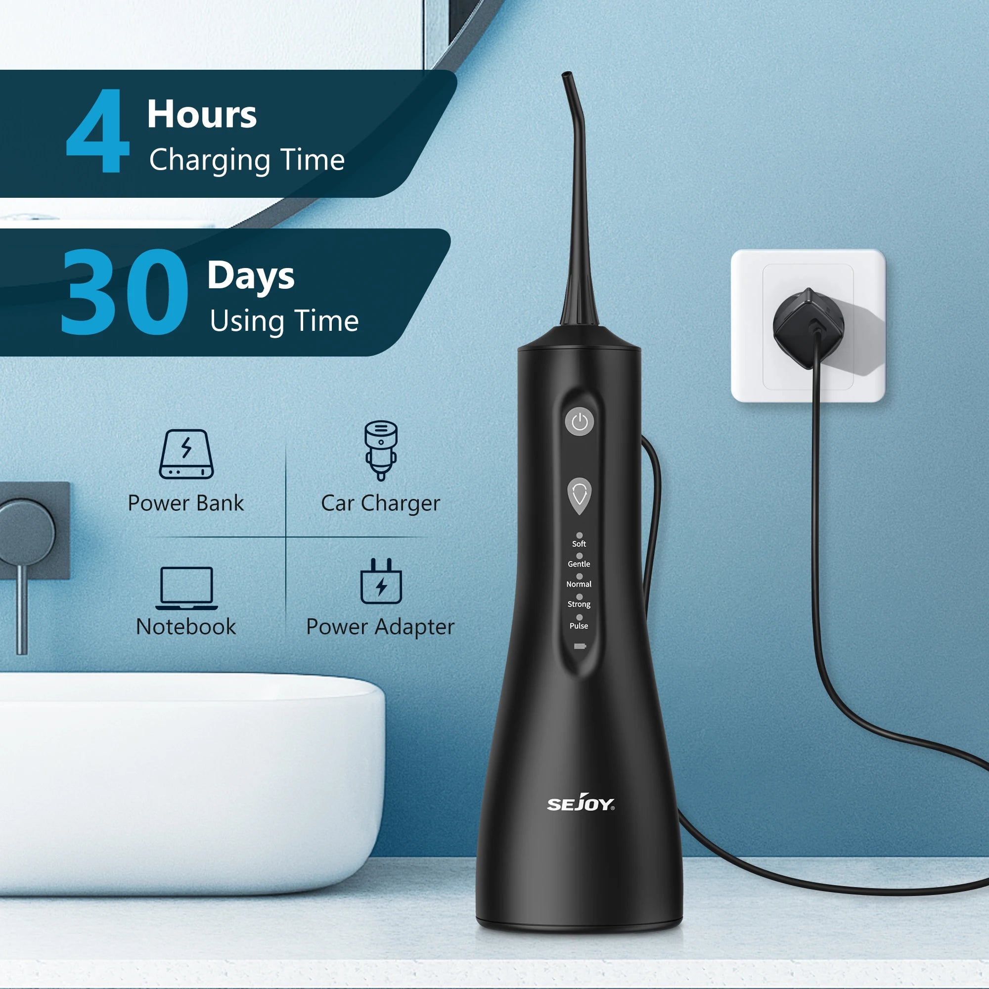 Sejoy Water Dental Flosser Oral Irrigator for Teeth 300ml Water Tank 5 Modes 5 Nozzels Teeth Cleaner Rechargeable Dental Floss
