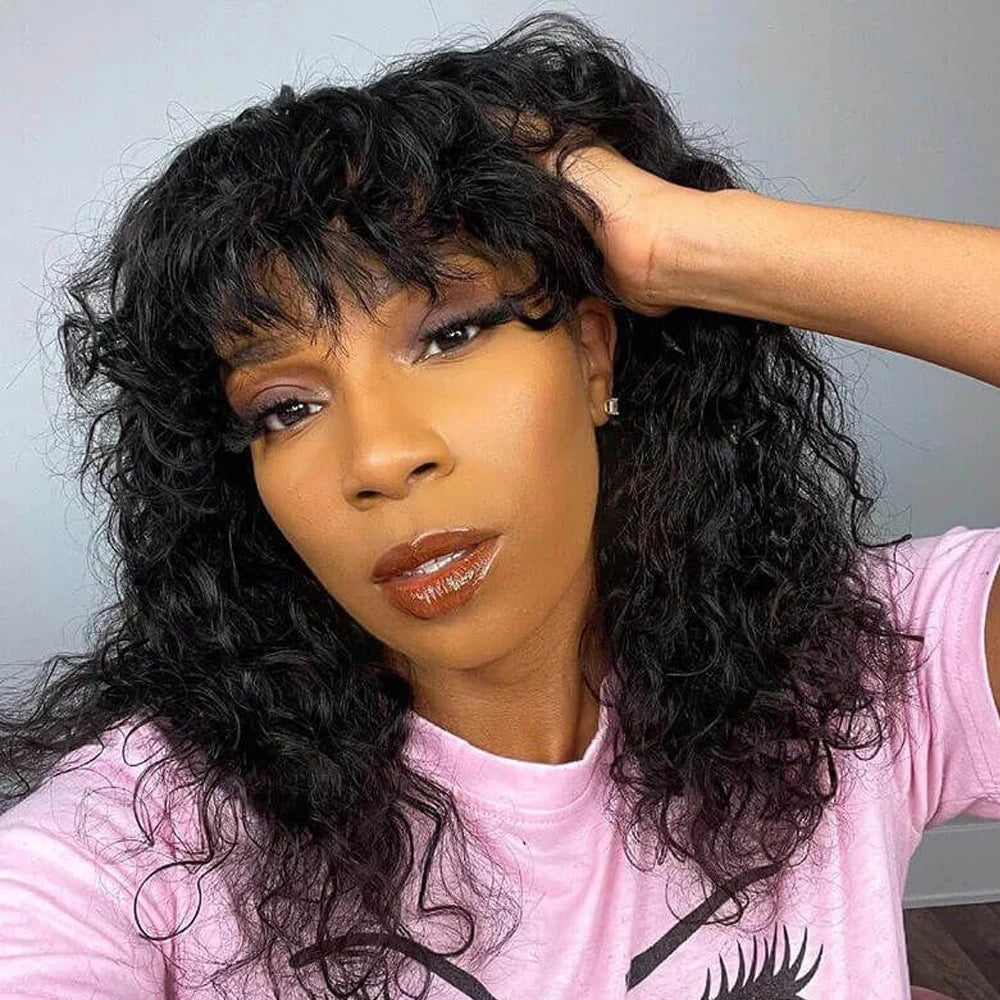 Curly Human Hair Wigs Machine Made Scalp Top Wig With Bangs 200% Density Shoulder-Grazing Curly Wig with Wispy Bangs