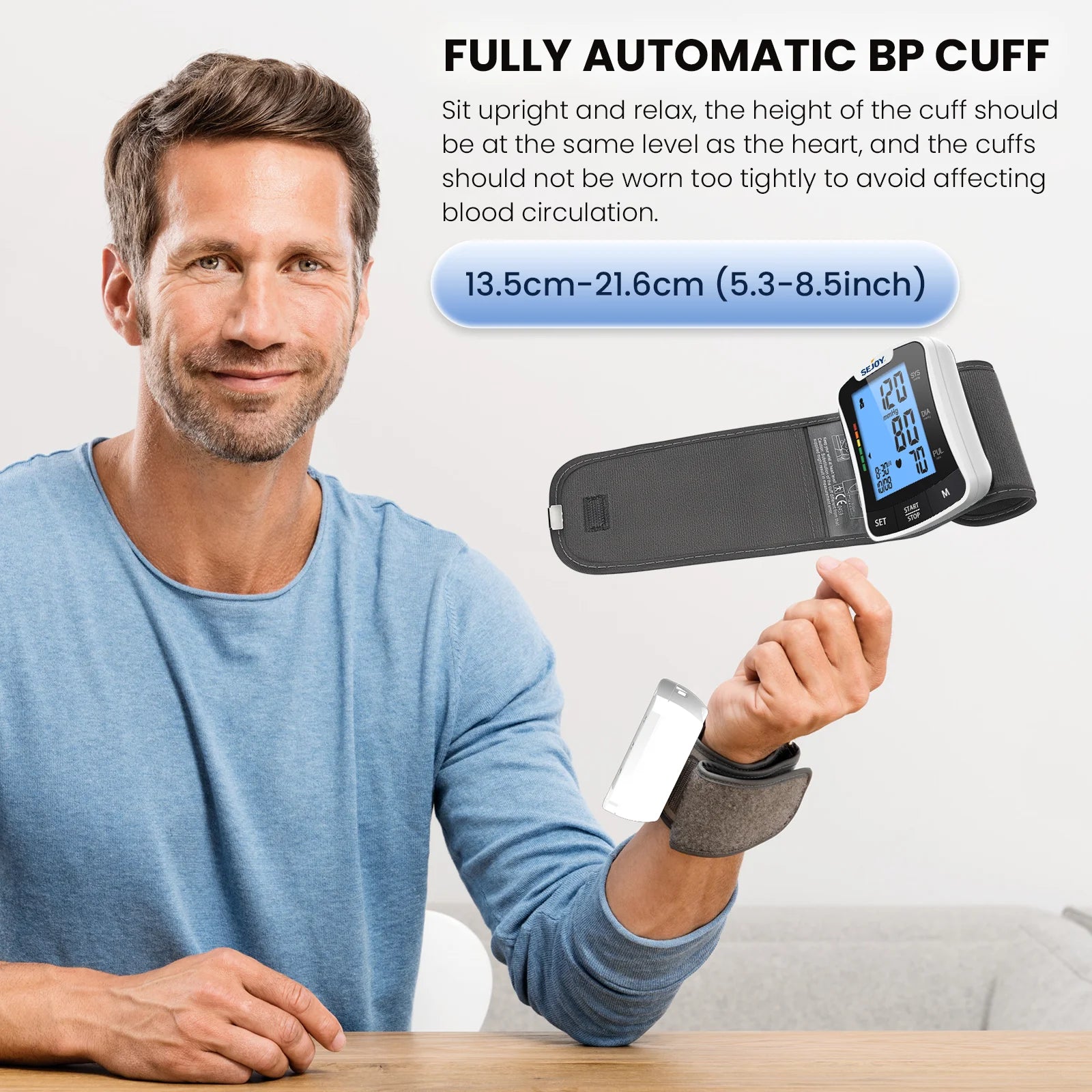 SEJOY Electronic Wrist Blood Pressure Monitor with Backlight Voice Digital Sphygmomanometer Electronic BP Monitors Blood Meter