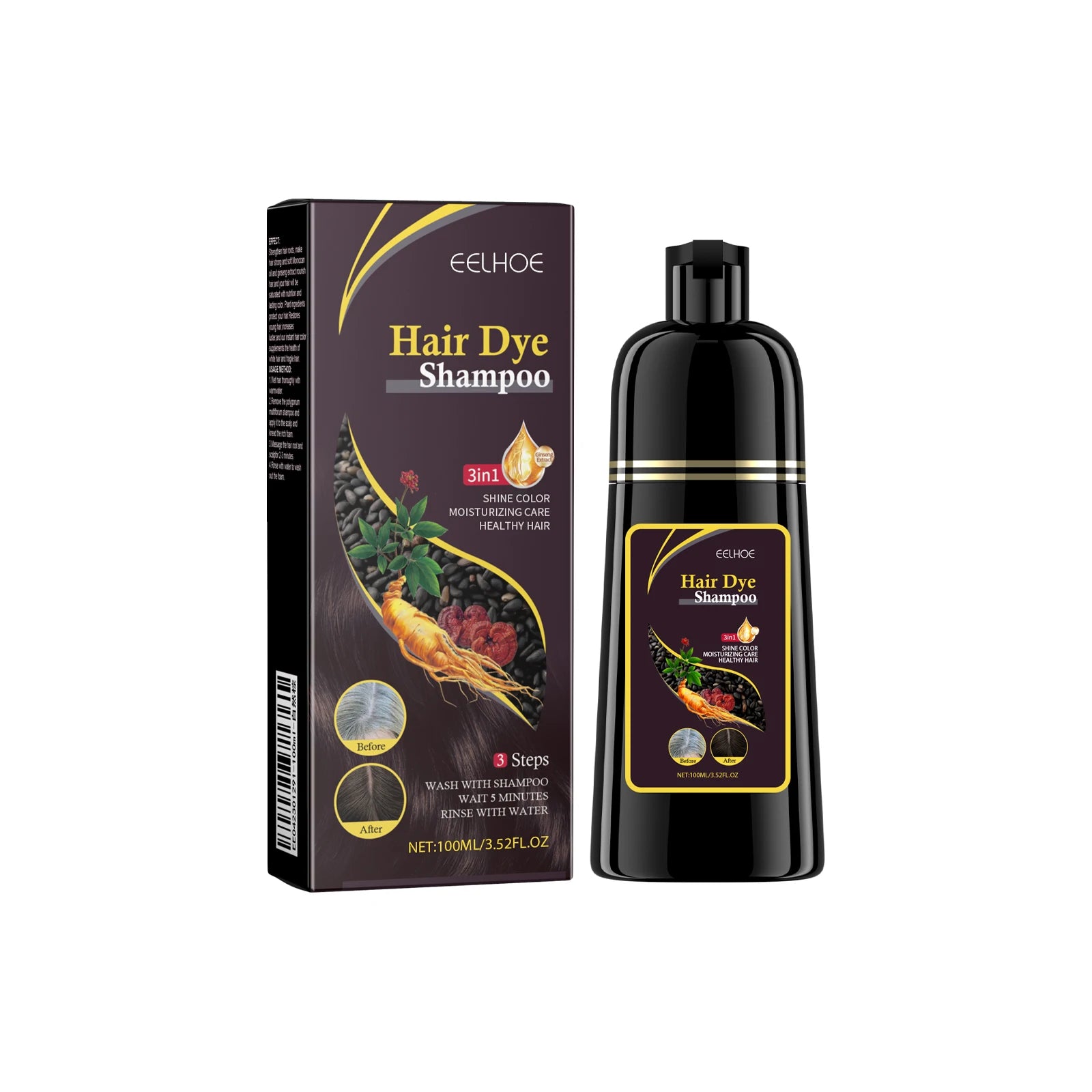 Eelhoe 100ml Hair Dye Shampoo 3 In 1 Black Brown Herbal Instant Coloring Gray White Hair Cover Nourish Care Hair Dyeing Shampoo